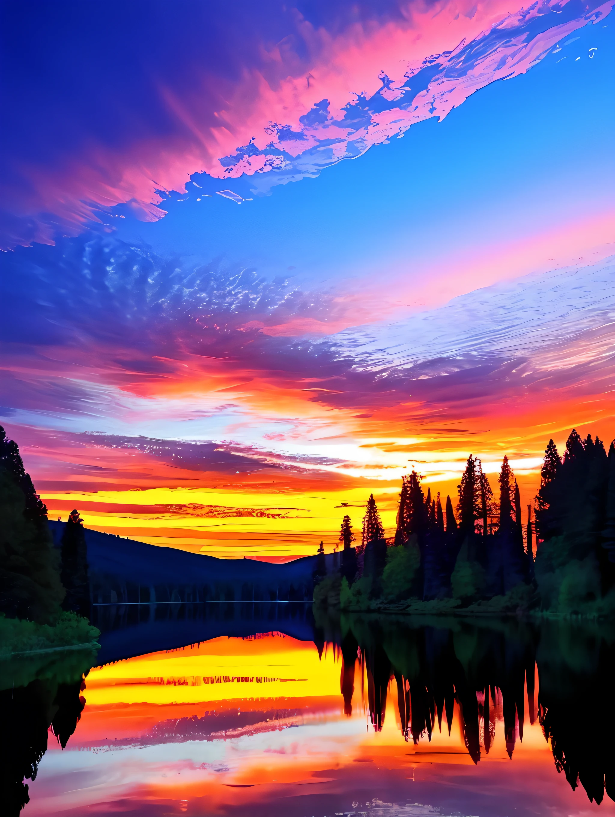 there is a beautiful sunset with a lake and trees in the background, colorful skies, surreal colors, colorful sunset, colorful sky, marvellous reflection of the sky, stunning sky, dream like atmosphere 8k, colorful clouds, colors reflecting on lake, surreal sky, red and blue reflections, fire reflection, beautiful sky, beautiful and spectacular dusk, beautiful dreamy landscape, amazing sky