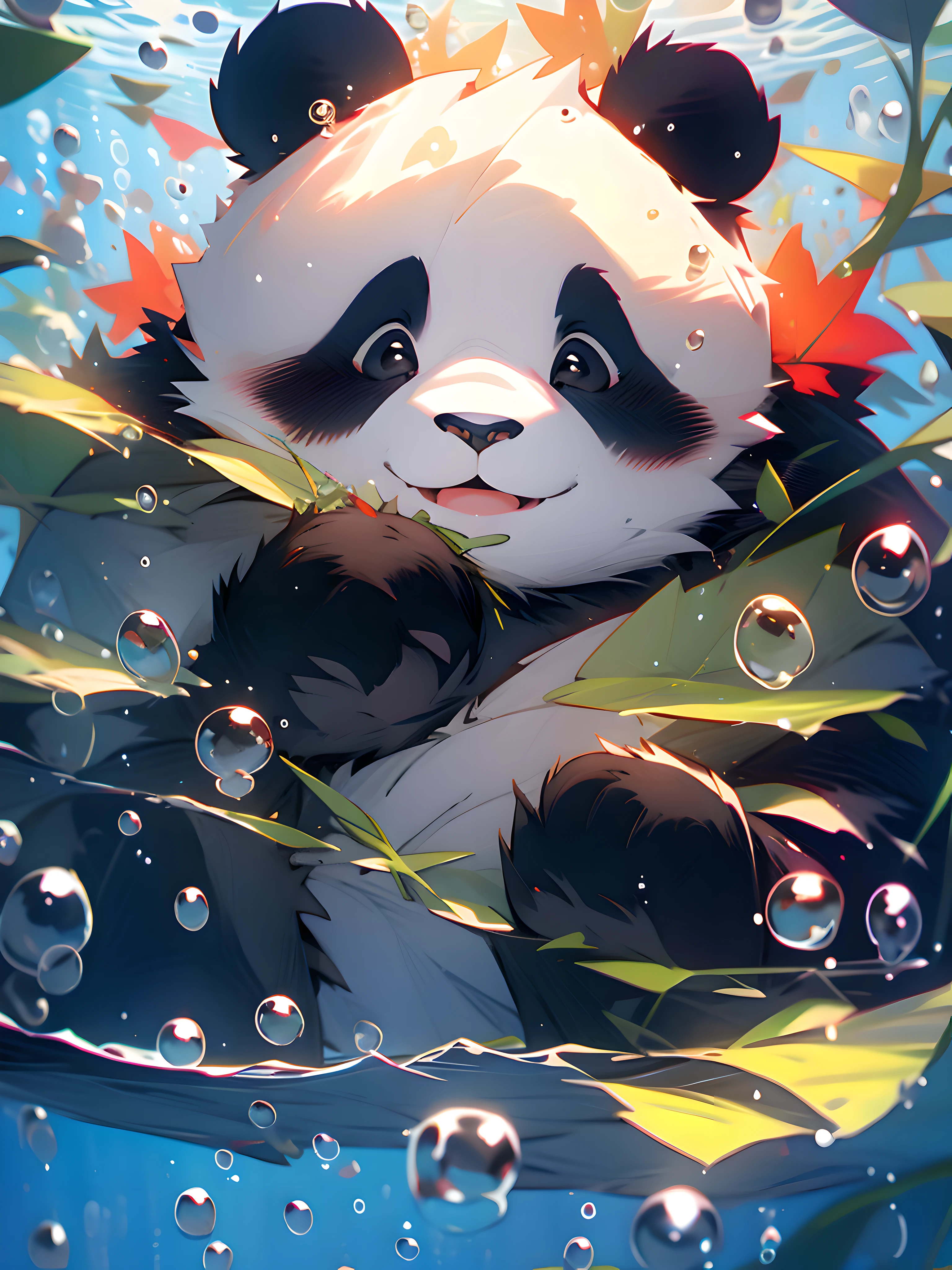 1 cute panda, face closeup, portrait, furry, leaves, no man, underwater, blisters, bubbles, more details, rich colors, cute smile, best quality, 8K, high saturation