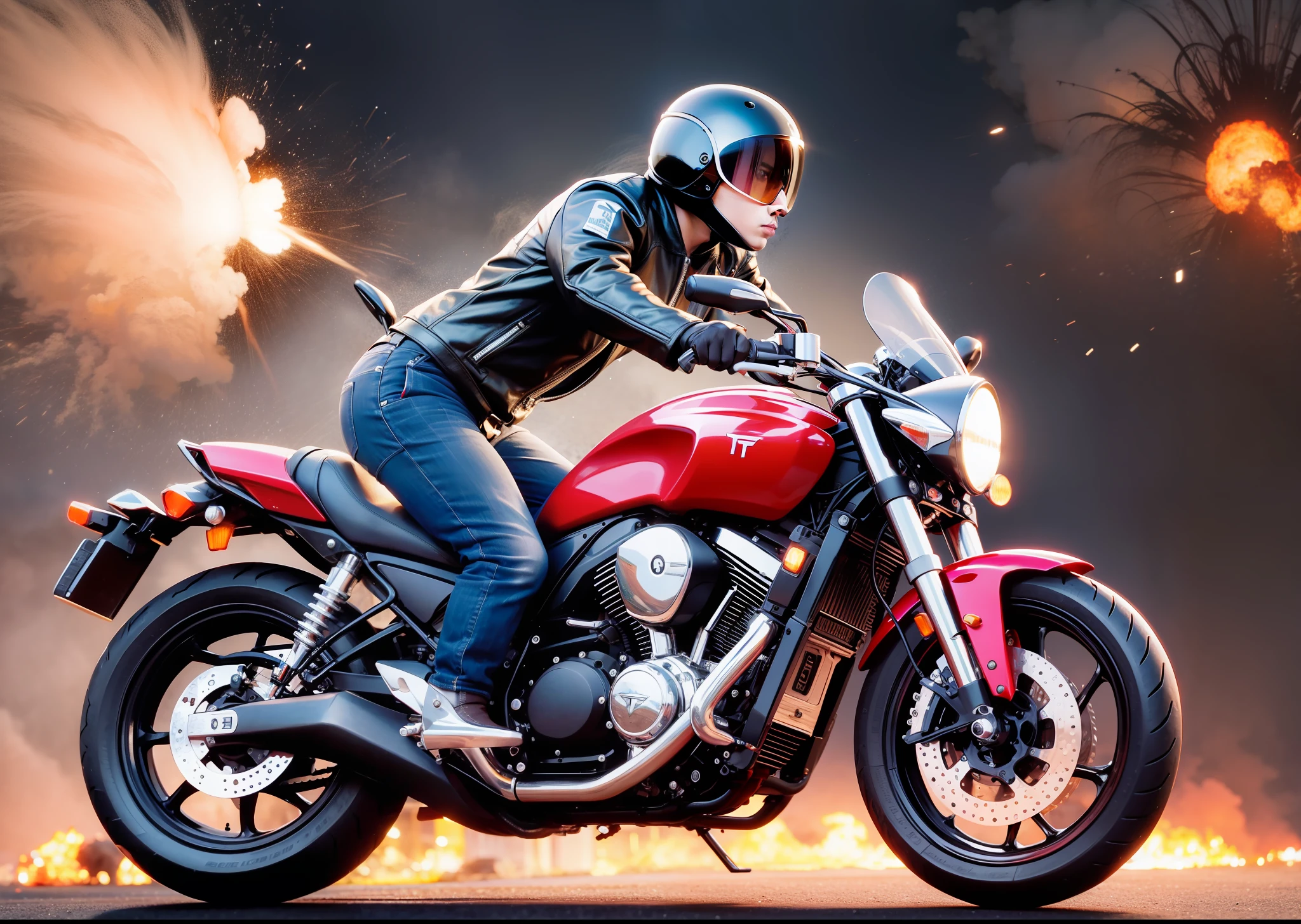 Terminator on chrome tesla motorcycle, explosions behind, full body