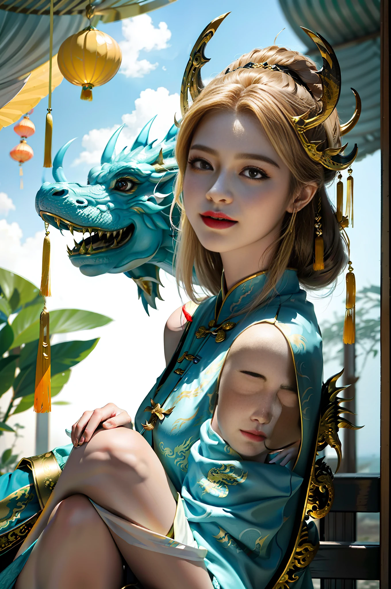 masterpiece, best quality, making friends with the Chinese dragon, fun, happy, bright, loong,