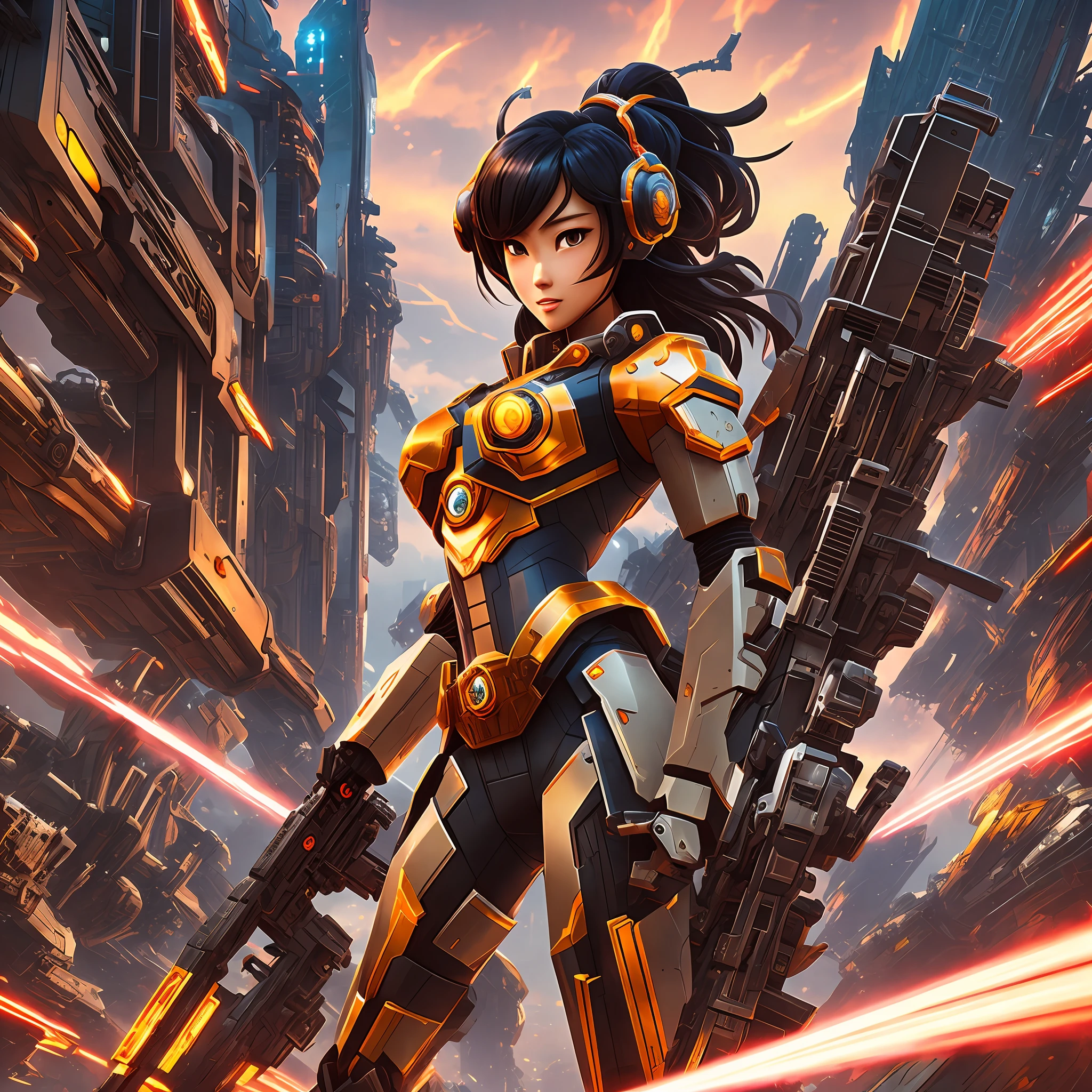 Oriental women, Mecha style, One-handed gun, evening glow, streaked hair, crazy eyes, grin, silhouette, Expressionism, ray tracing, letterboxed, panorama, Ultra-Wide Angle, retina --auto --s2