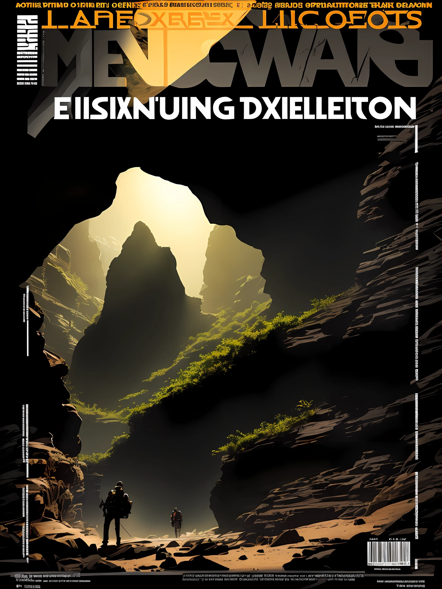 (magazine cover:1.2, featuring cave exploration), dramatic lighting, contrasting shadows, intriguing atmosphere, detailed illustrations,(many text headlines:1.2)