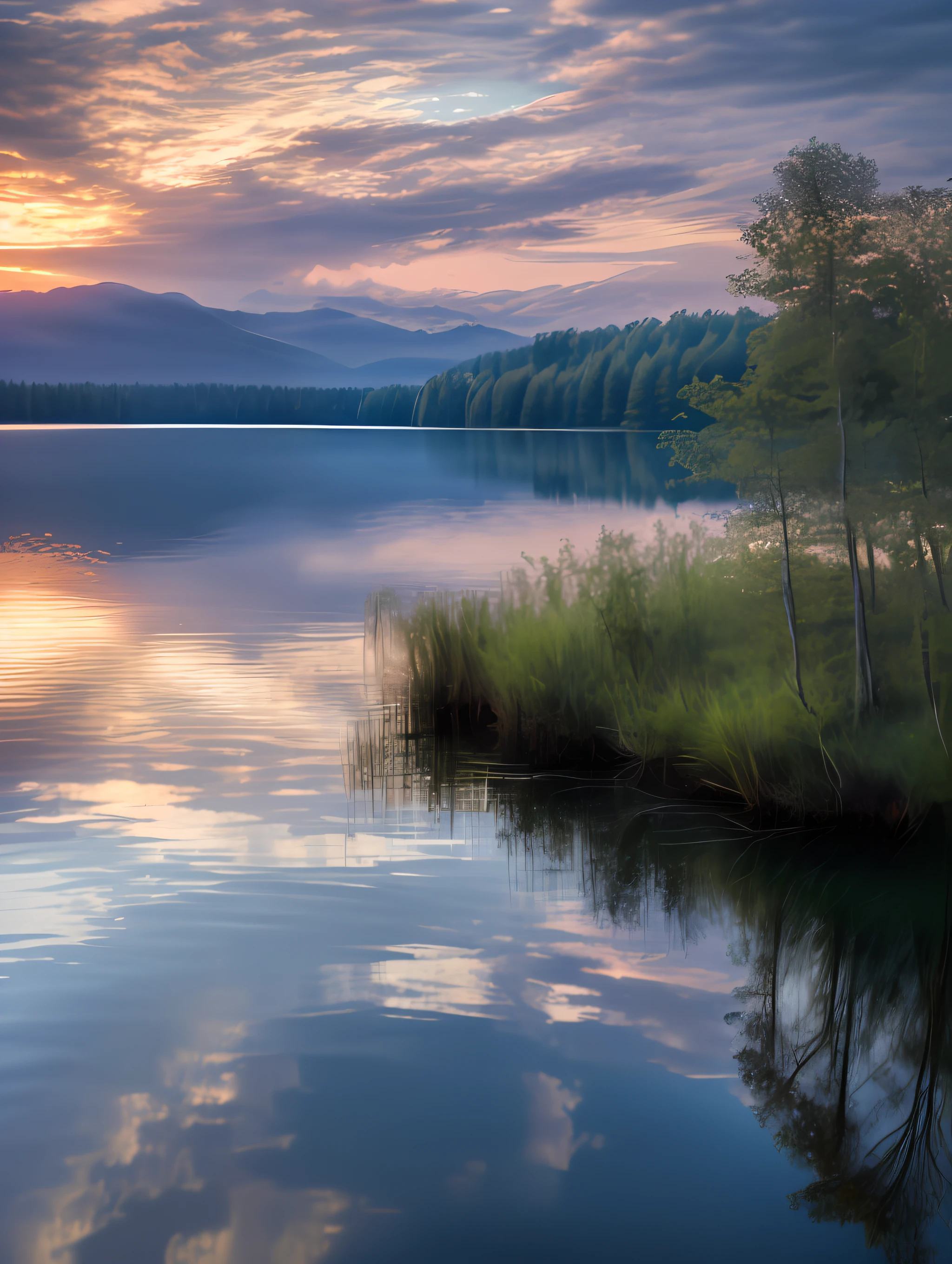 wallpaper, summer, lake, dawn, forest, detailed forest, clouds, masterpiece, cinematic, soft light, depth of field, ray tracing, reflection in water, realism, ulra detailed,