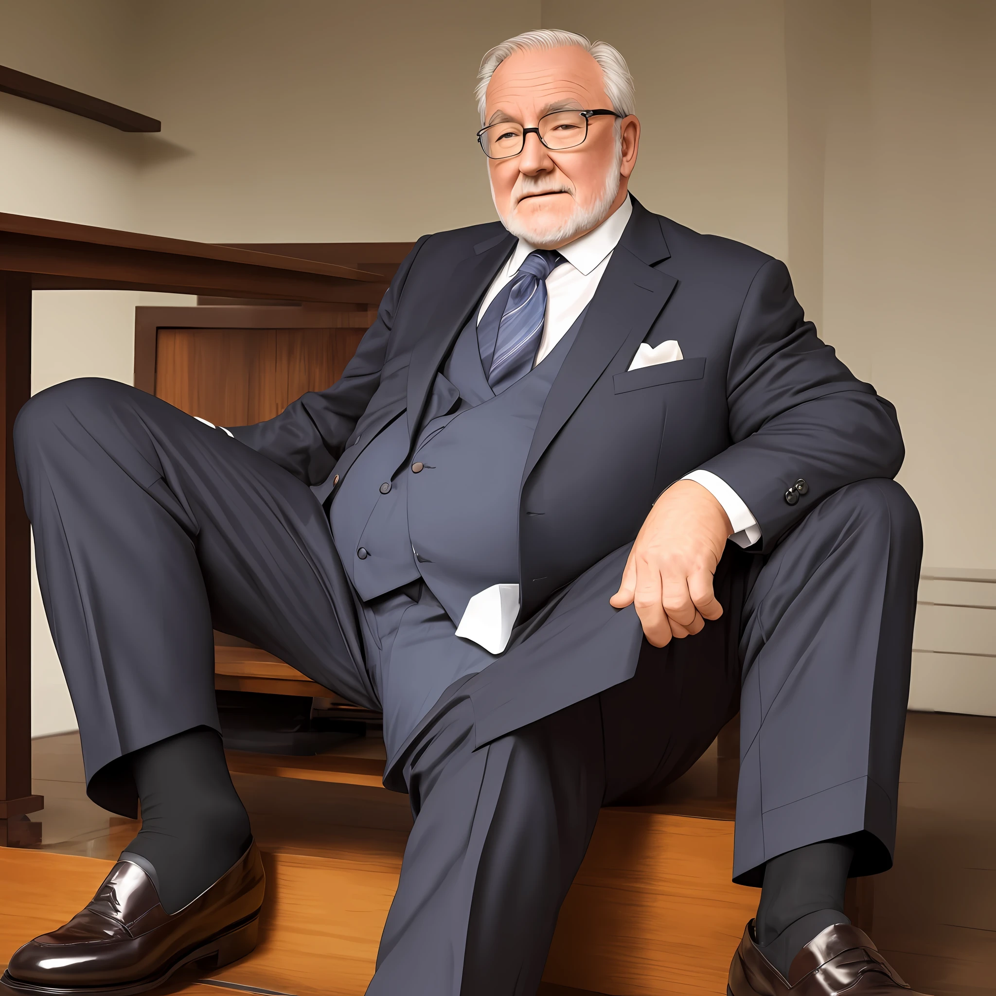 Suit, leaky ankle, black socks, old man, slightly fat, elegant and amiable