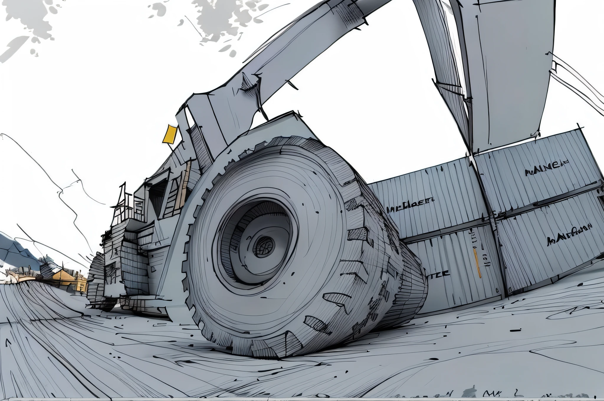 linear, gray, white background, simple background, sketch, sketch, pen_sketch_style, there is a large bulldozer that is parked in front of the truck, lifting the container, loading, heavy machinery, large shovel, mining scrap metal, gravel, hard work, massive construction machines