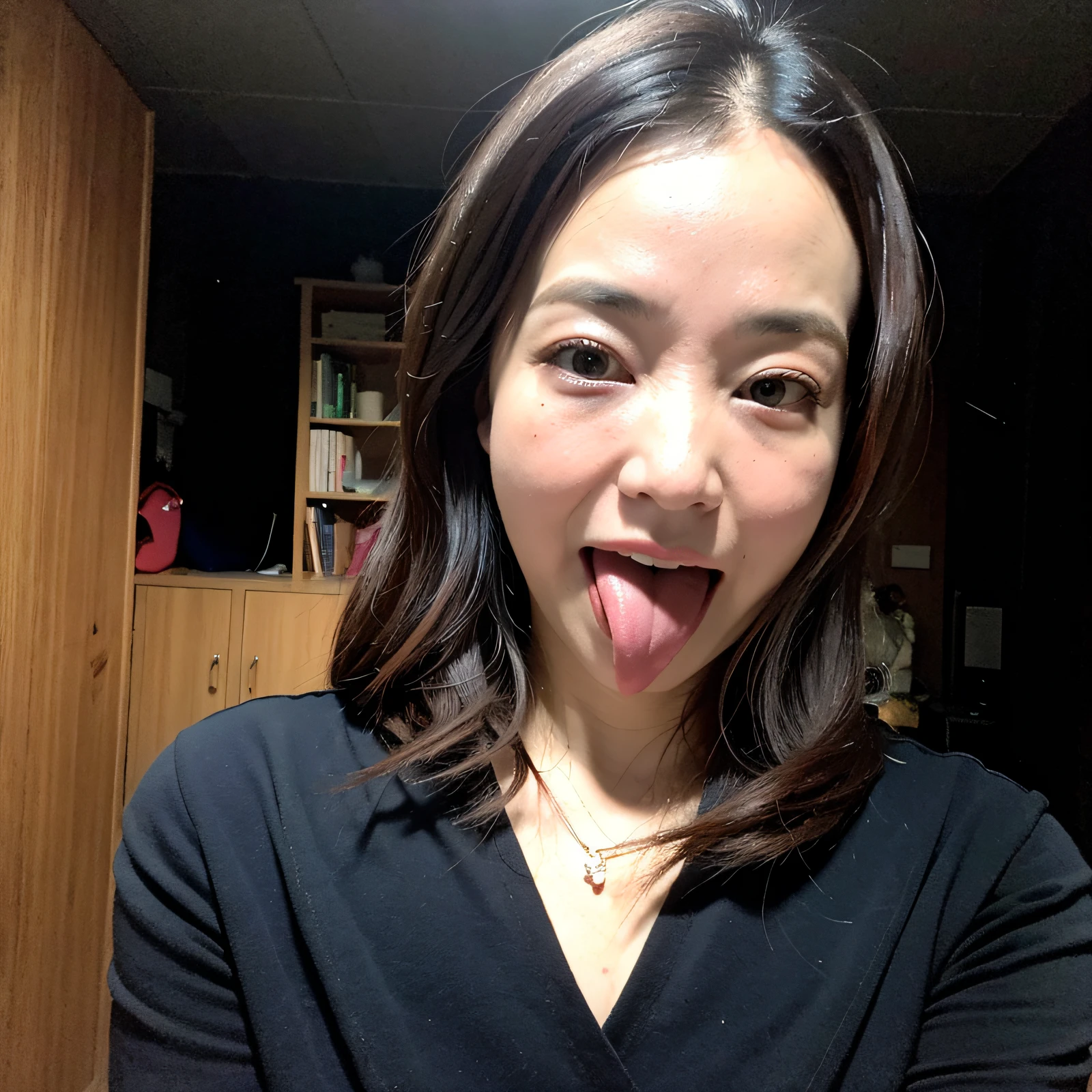 ((Best Quality, 8K, Masterpiece: 1.3)), Photorealistic, Sharp Focus, High Quality, High Definition, Portrait, Solo, Japan, Middle Aged Woman, Beauty, Business Suit, 43 Years Old, Plump, Wavy Hair, Wrinkles at the corners of the eyes, Office Changing Room, Lots of Lockers, Long Tongue, Big Mouth, Dark Background,