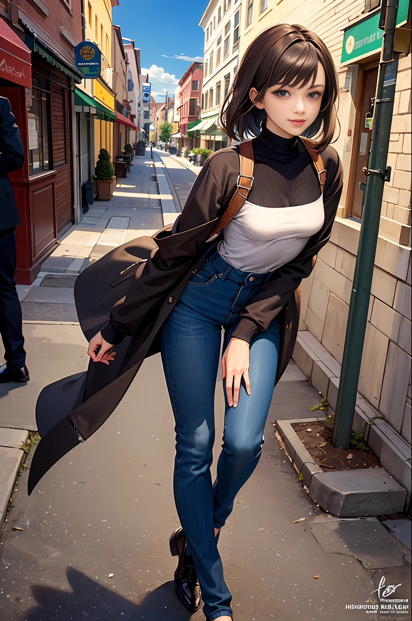 (Masterpiece, Top Quality, Best Quality, Official Art, Beautiful and Aesthetic:1.2), City, Street Light, Full Body, Colorful, Slender, One Girl, Long Pants, Big Smile, Gentle Pose,, Short Cut, Brown Hair, Brown Eyes, Dynamic Lighting, High Resolution, Sharp Focus, Small Breasts, Illustration, Super Detail Face, Top Quality Face, Complex Detailed Costume
