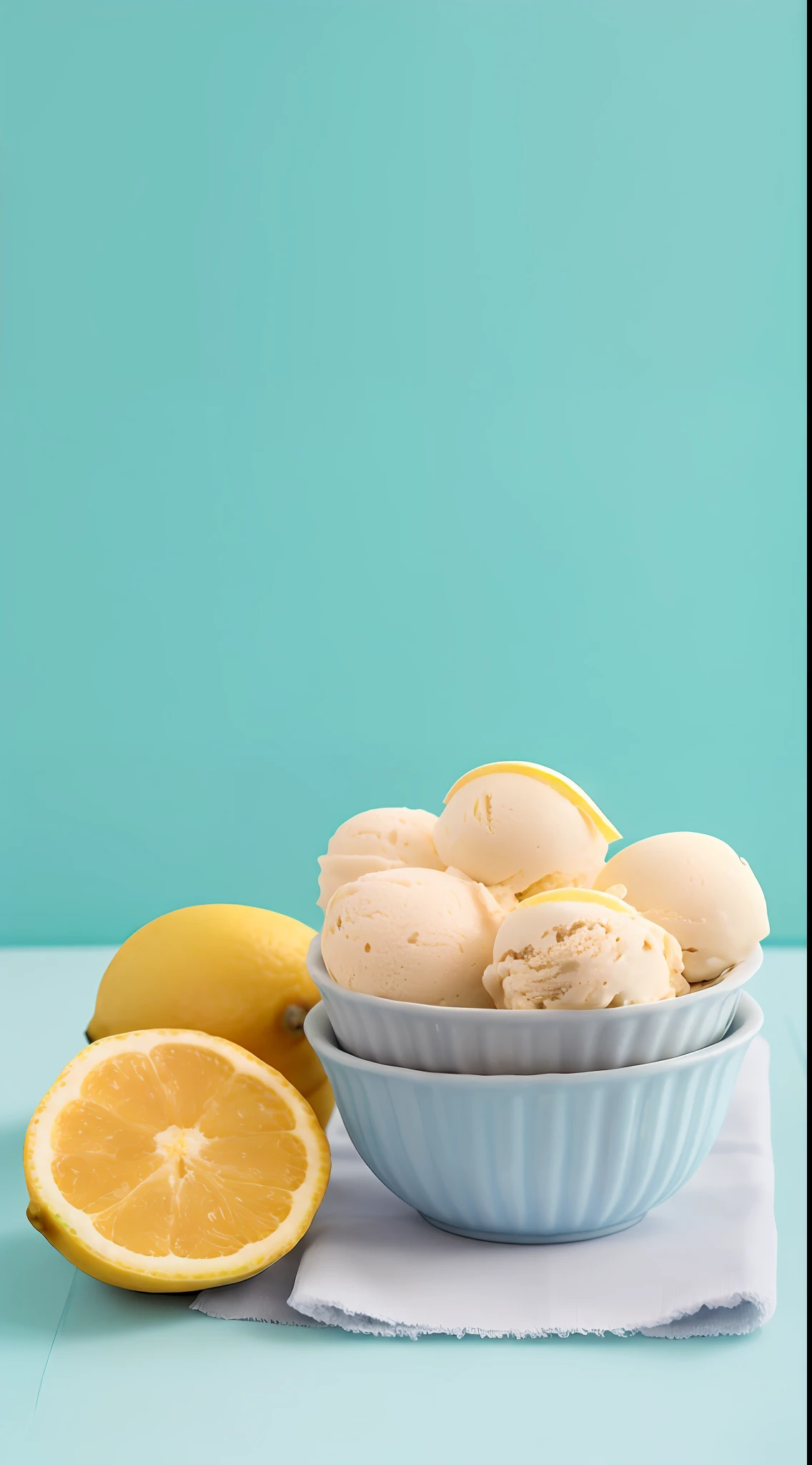 there is a bowl of ice cream with a lemon slice on the side, ice cream, 🐿🍸🍋, ice cream on the side, lemonlight, lemon, commercial product photography, lemonade, lemons, close up food photography, 🍸🍋, high quality food photography, mountains of ice cream, styled food photography, professional food photography, eating ice - cream