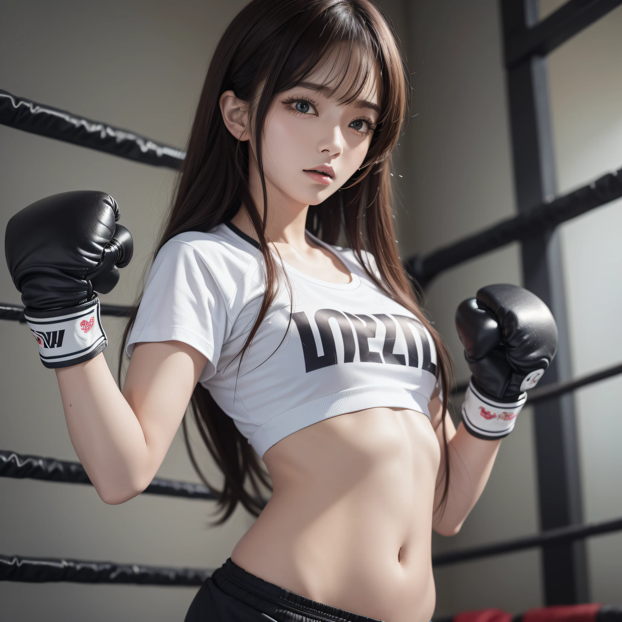 masterpiece, top quality, (realistic, photorealistic: 1.4), (RAW photo: 1.2), very elaborate CG Unity 8K wallpaper, very delicate and beautiful, wonderful, attention to detail, official art, absurdity, incredibly ridiculous, huge file size, very fine, very elaborate, beautiful eyes and face, beautiful elaborate eyes, light on the face, one girl, Long Hair, (Pom) Navel, Upper Body, PE uniform Short Sleeved navel-baring T-Shirt, Boxing Gloves, Bare Arms, Bangs, Boxing Gym, Boxing Ring, ULZZANG-6500-v1.1