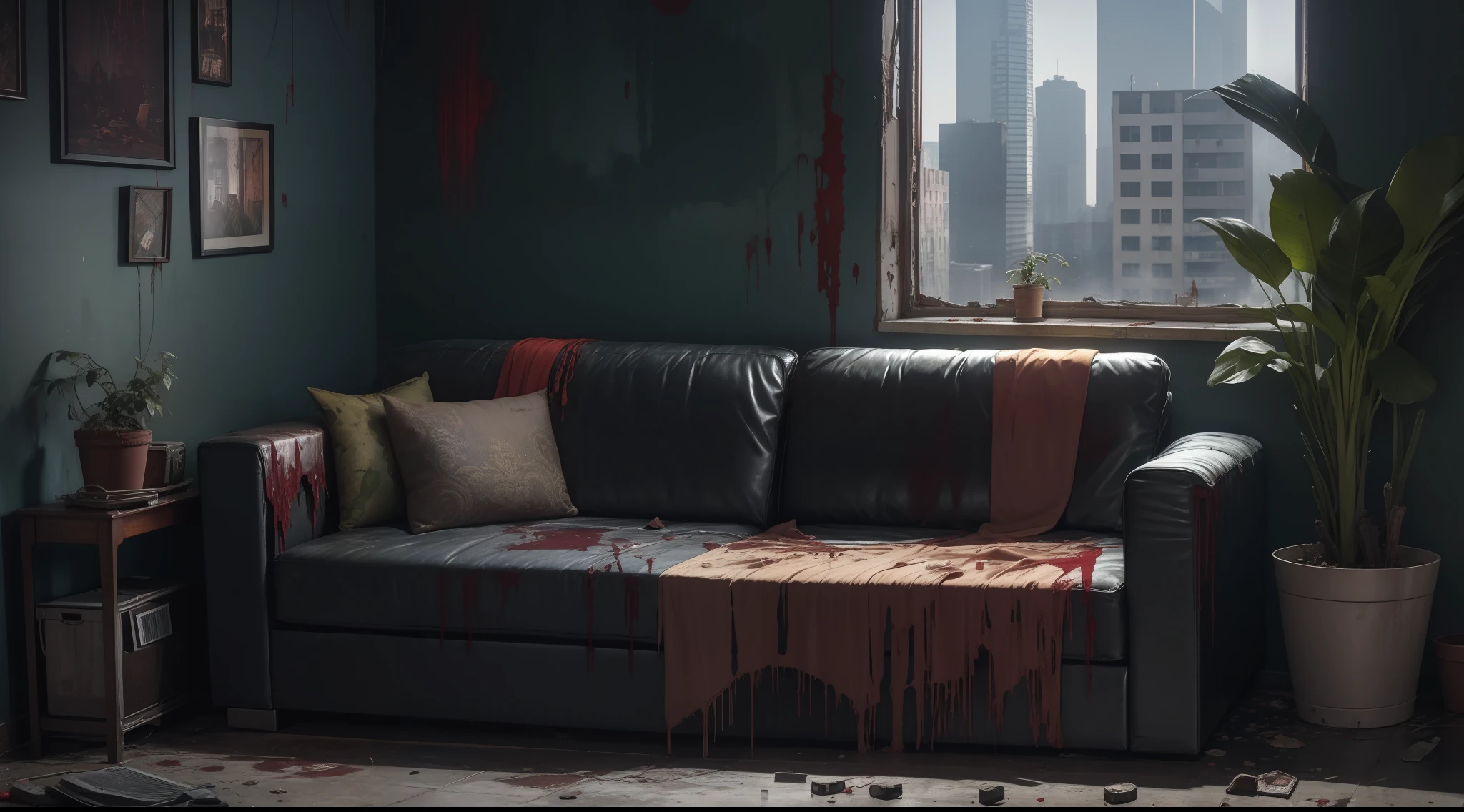 arafed living room with a large torn sofa and a large window, ruined looking living room, dirty apartment with plants growing on the floor, dust, spider web, ruined interior, ruined city background, ruined decoration, walking dead apartment, horrorpunk apartment, blood splattert on the walls