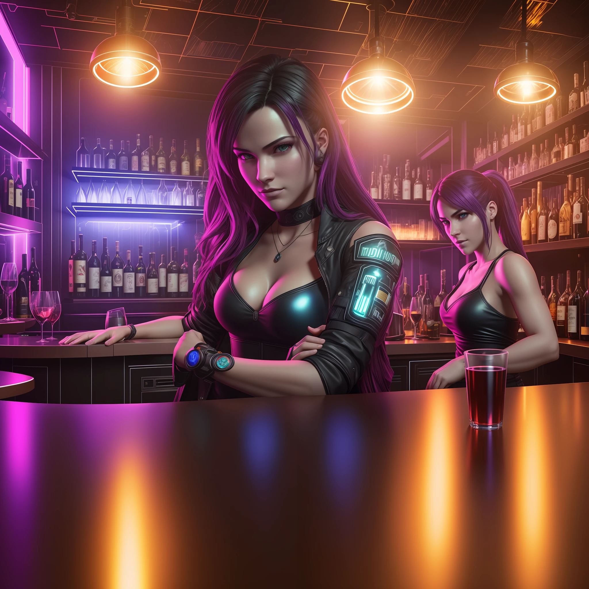 Cyberpunk-style bar (ultra-realistic details), large depth of field, night spotlights, multiplayer scenes, 8k, detailed decorations, complex, cold colors, nightclub wearing characters toast drinking, talking, dancing, mechanical prosthetics on the characters, movie lights, the size of the wine bottles is exactly the same, the bar counter has some warm spotlights that shine on people's wine glasses --auto --s2