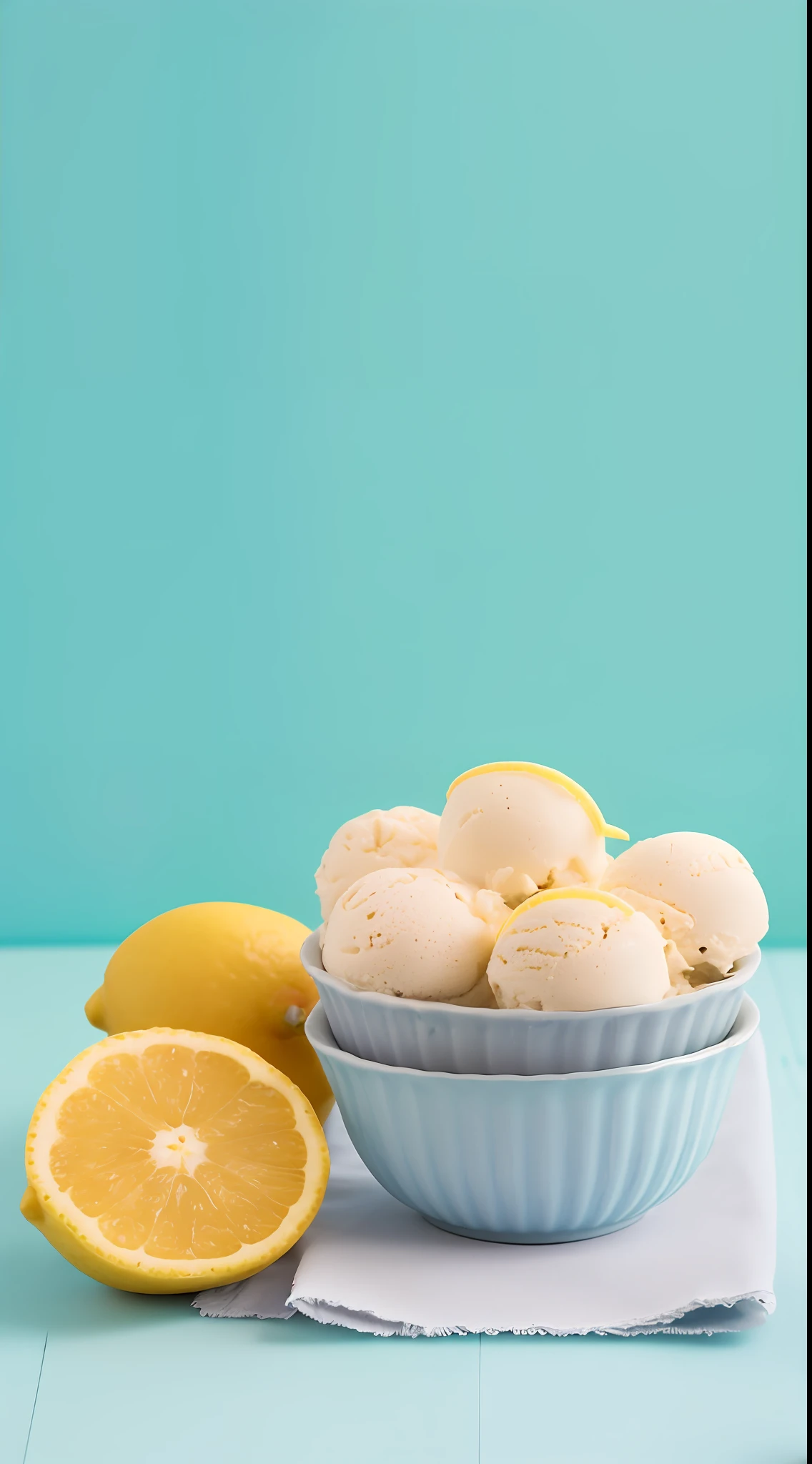 there is a bowl of ice cream with a lemon slice on the side, ice cream, 🐿🍸🍋, ice cream on the side, lemonlight, lemon, commercial product photography, lemonade, lemons, close up food photography, 🍸🍋, high quality food photography, mountains of ice cream, styled food photography, professional food photography, eating ice - cream