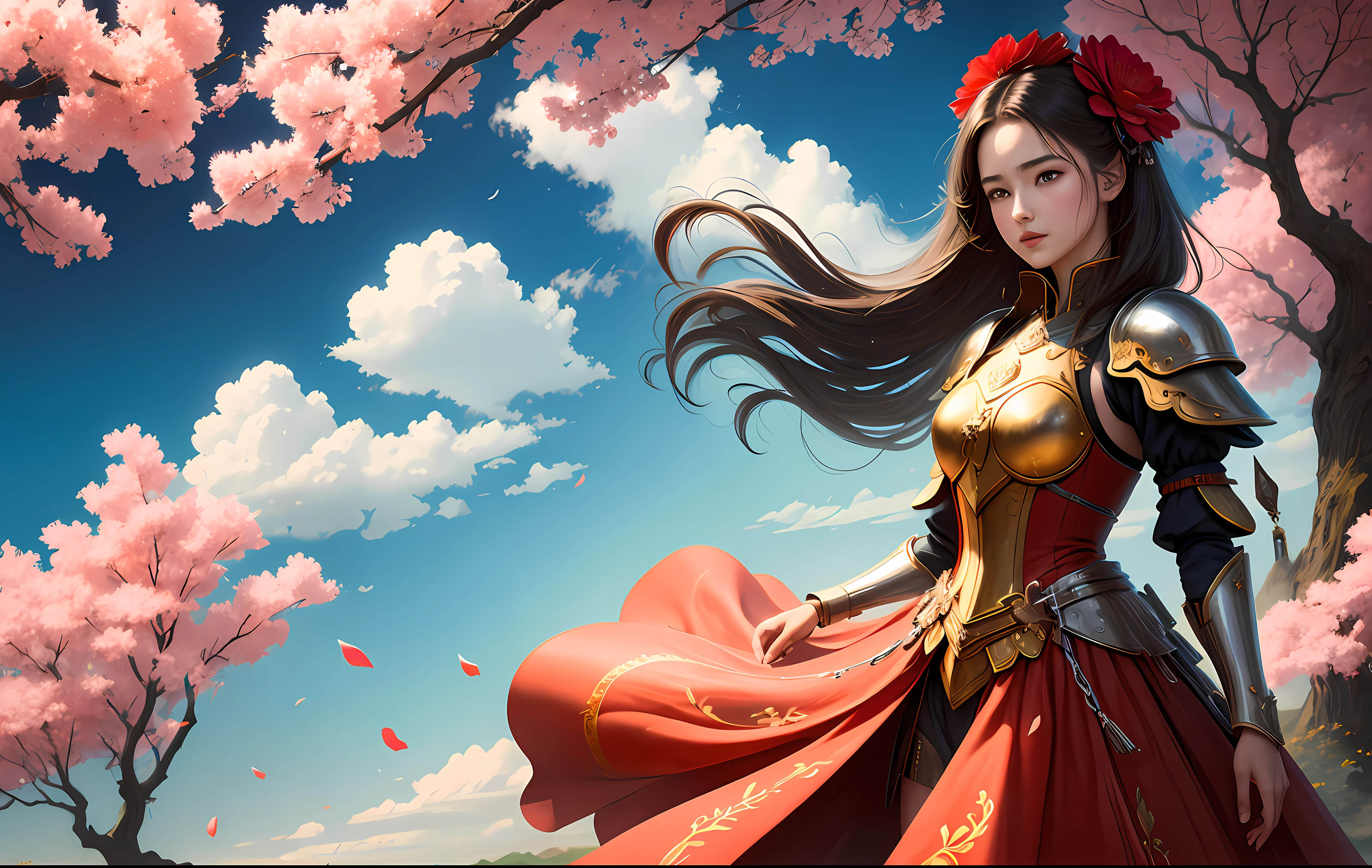 (Masterpiece), (Extremely Complex: 1.2), Girl: 1.4, Flower, Sky, 16k wallpaper, anime, general, red armor