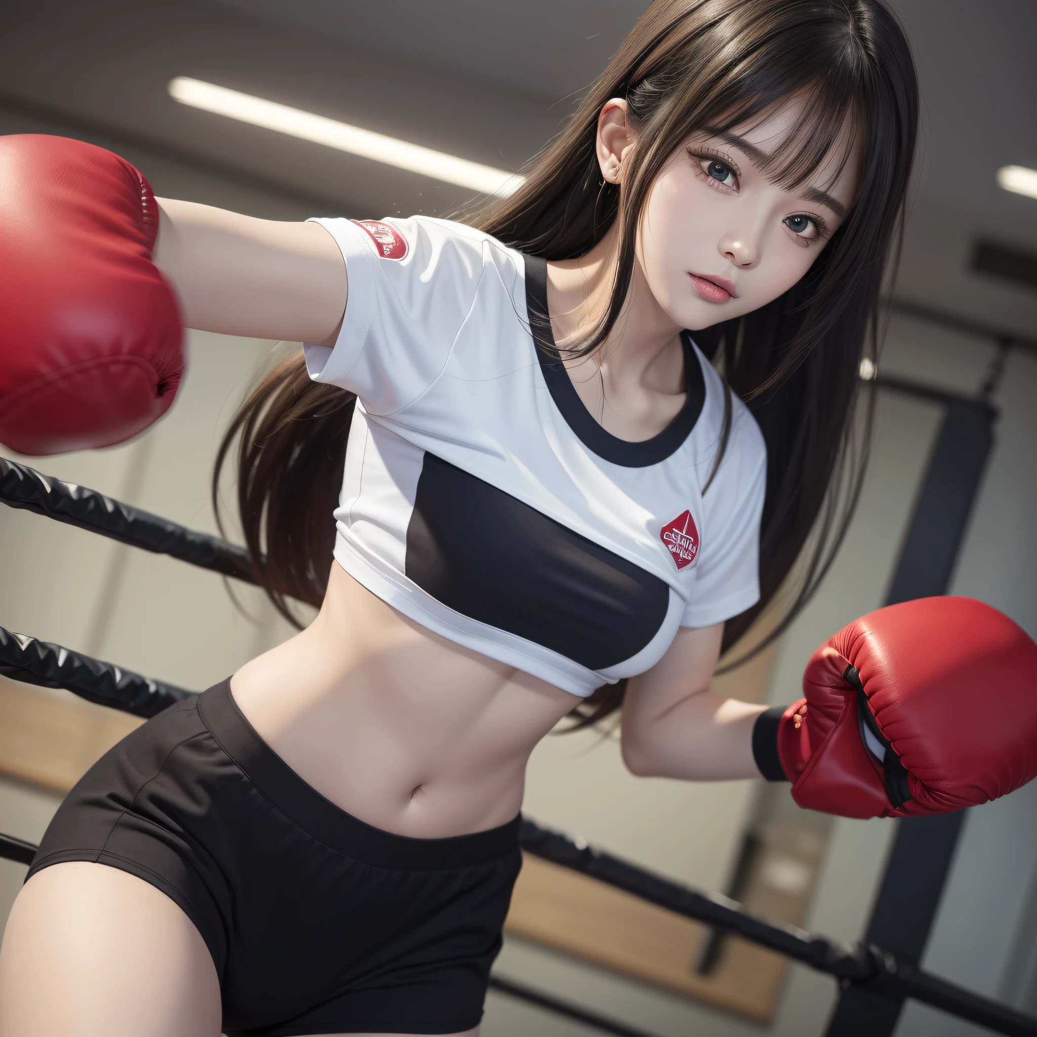 masterpiece, top quality, (realistic, photorealistic: 1.4), (RAW photo: 1.2), very elaborate CG Unity 8K wallpaper, very delicate and beautiful, wonderful, attention to detail, official art, absurdity, incredibly ridiculous, huge file size, very fine, very elaborate, beautiful eyes and face, beautiful elaborate eyes, light on the face, one girl, Long Hair, (Pom) Navel, Upper Body, PE uniform Short Sleeved navel-baring T-Shirt, Boxing Gloves, Bare Arms, Bangs, Boxing Gym, Boxing Ring, ULZZANG-6500-v1.1