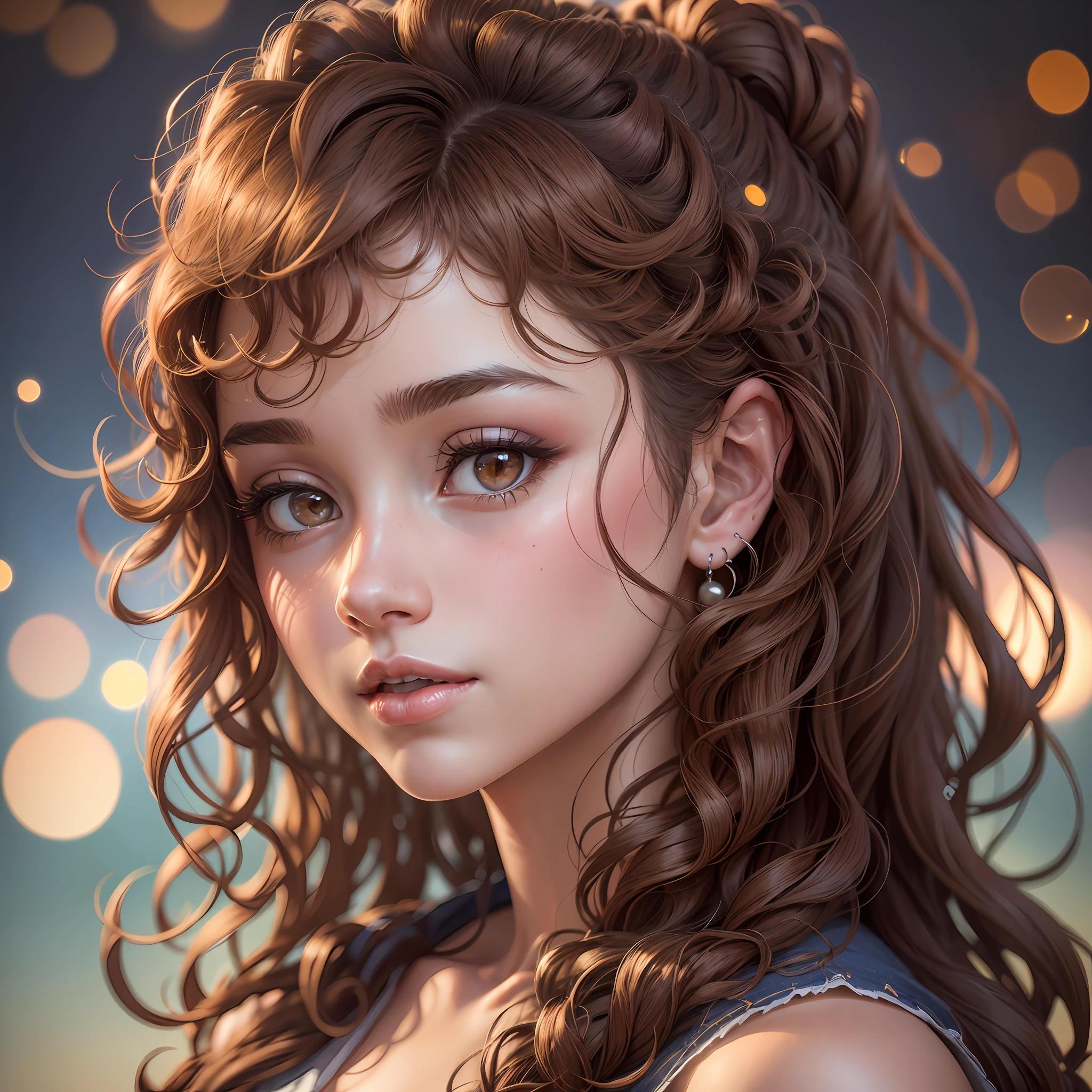 best quality, masterpiece, 1girl, beautiful face, (brown eyes), (curly hair), (realistic photo: 1.3), rim lighting, (high detailed skin: 1.2), 8k uhd, dslr, high quality, high resolution, 4k, 8k, Bokeh, absurd, ponytail, best ratio four fingers and a thumb, (realistic: 1.2), beautiful 1girl, --auto --s2