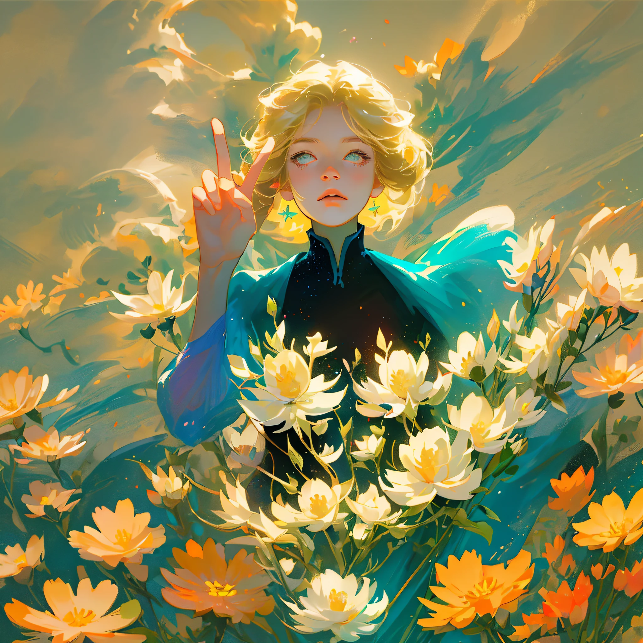 (best quality, masterpiece), 1girl, pose, particle, wind, flower, upper body, simple background, look at the viewer, focus on the face, blonde,(worst quality, low quality)