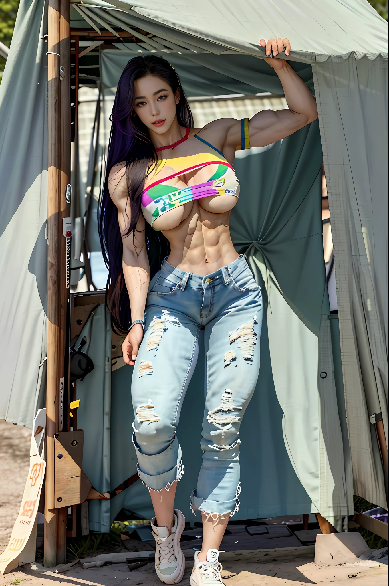 Delicate face, hairstyle: super long curly hair, hair color gradient white, red, yellow, green, blue, purple, seven colors, hair length: 300cm, hair hanging behind the body very long, very long, very long, very long, very long, very long, very long. Height: 200cm, Weight: 400 kg, Leg Length: 180cm, Huge Chest, Particularly Huge Wide Buttocks, Whole Body Strong Muscles, Large Abs, Huge Thick Leg Muscles, Exaggerated Waist Ratio, Clothes Not Holding Back, Full Body Shot, High Top, HD 8K, CG, Top Shot, Full Body Shot Including Shoes Bare Shoulders, Torn Ultra Shorts, Breasts, Breasts Squeezed Together, Torn Pants, Parted Lips, Solo, V-Arms, (Shiny Skin), (Masterpiece: 1.4), (Best Quality: 1.4) ,,, Facigirl, Red Lips, Perfect Abs, Navel, (: 1.5), (Clear Areola), Huge, Sweat, Outdoor Background, Full Body from Head to Toe