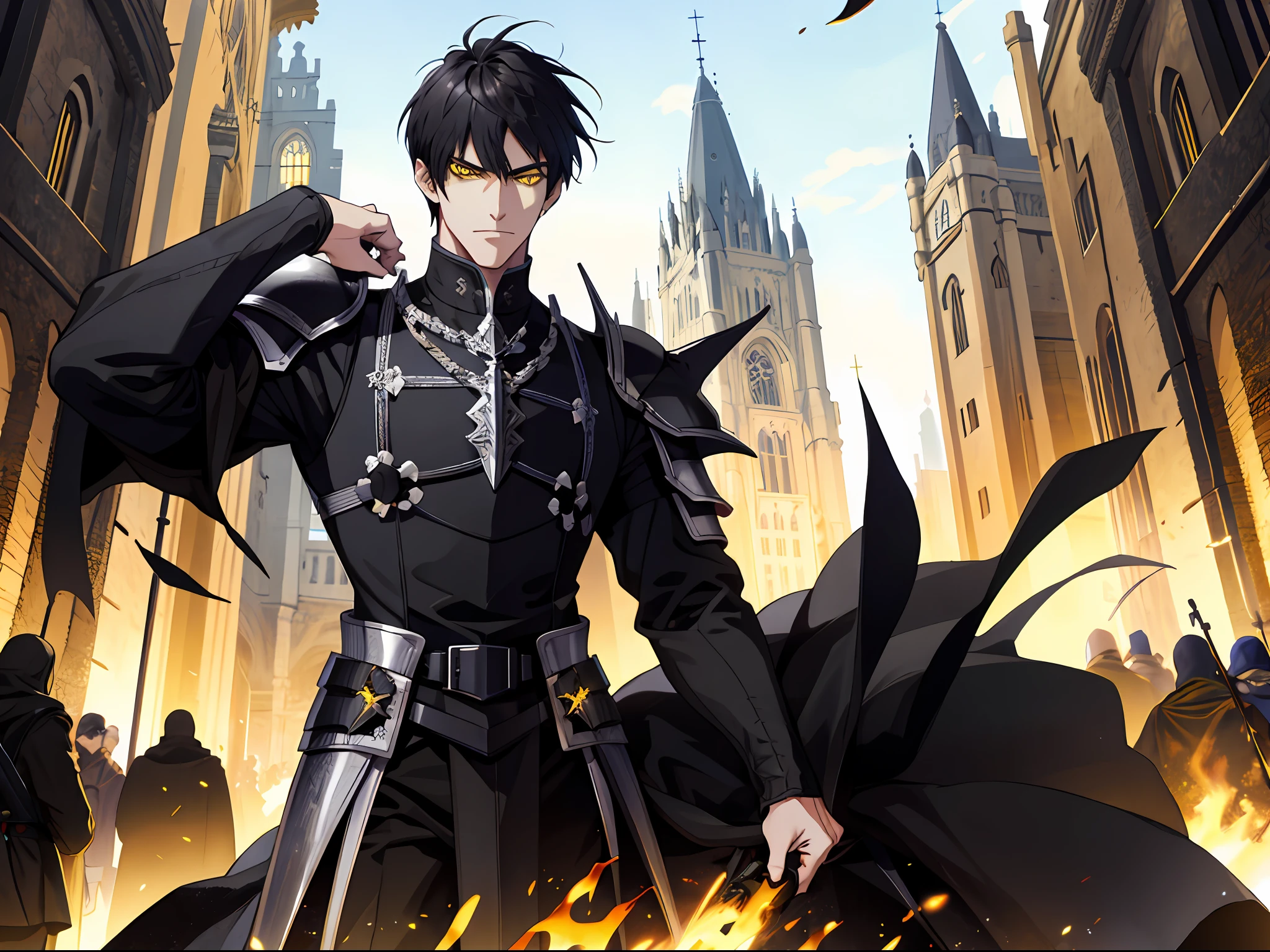 (ridiculous, high resolution, super detailed), (panorama), (1 male), tall, dressed in black armor, yellow eyes, evil charm, black back short hair, medieval style, square, crowd