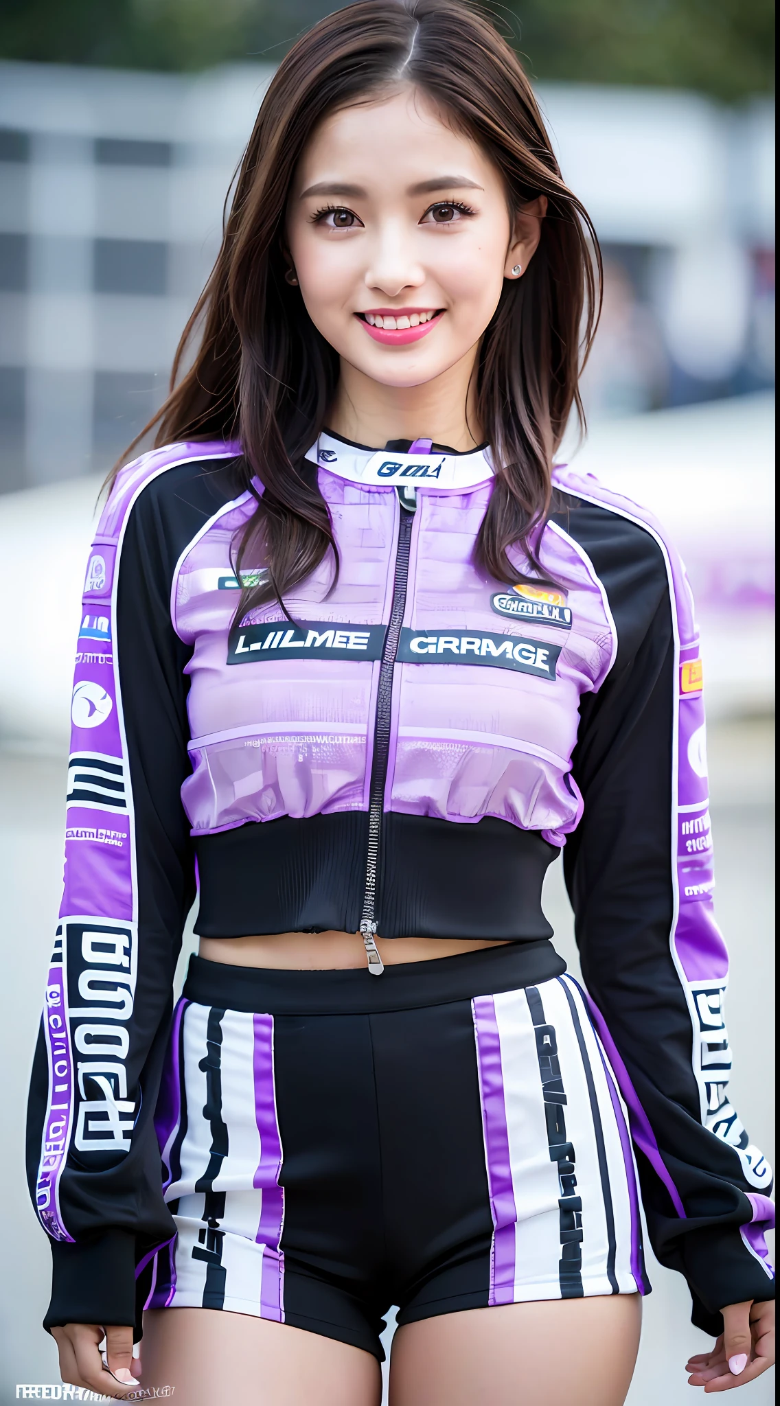 best quality, masterpiece, ultra high res, 8K, raw, (photo realistic:1.4), professional lighting, 1 girl, (detailed background:1.5), (at racing circuit:1.3), slender, dynamic pose, cute, 24yo, smile, big black eyes, open mouth, tiny breasts, detailed clothes, (light purple, race queen), (grid girl outfit with sponsor's logo printed:1.3)