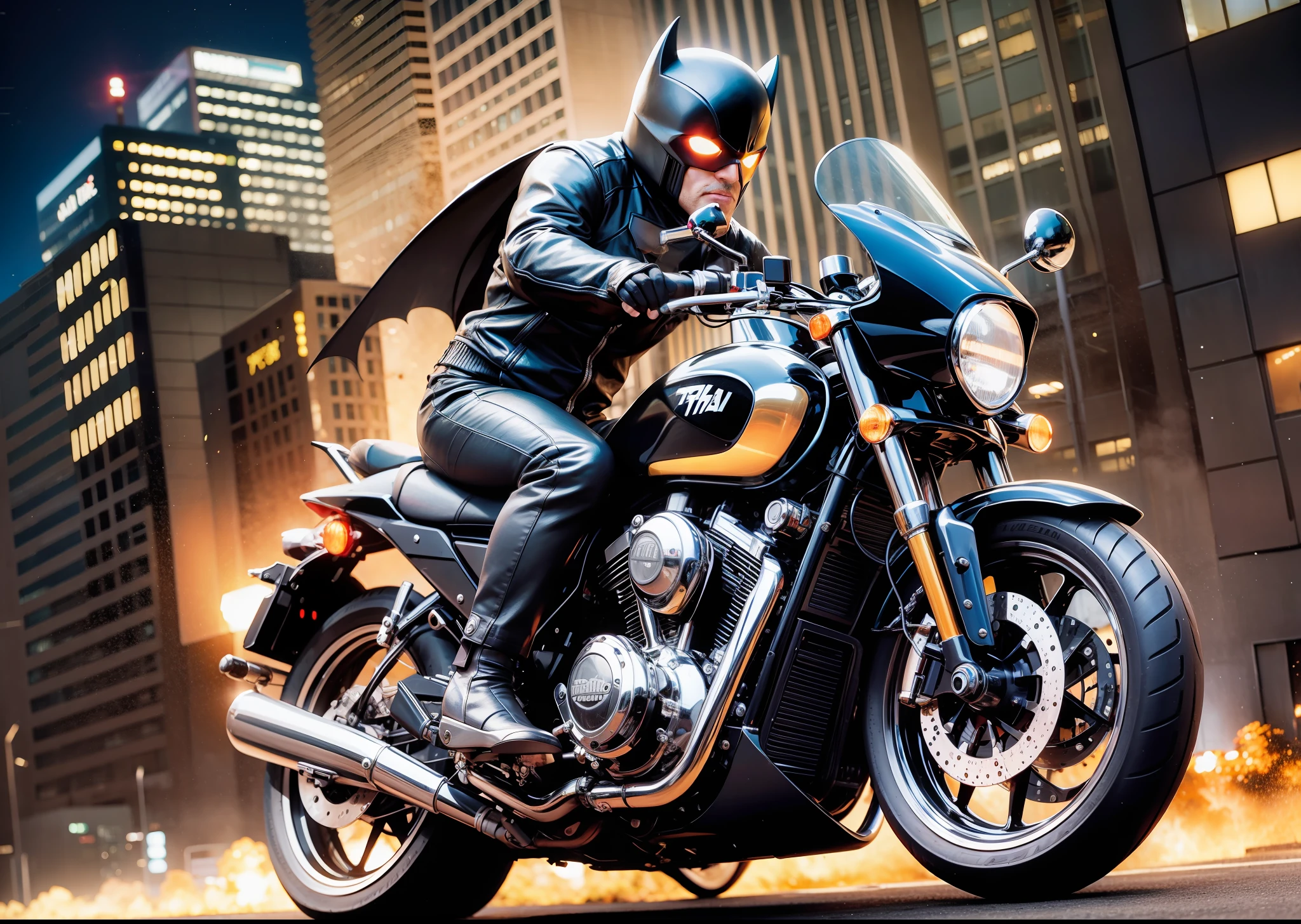 Terminator in Moto chrome batman, explosions behind, full body