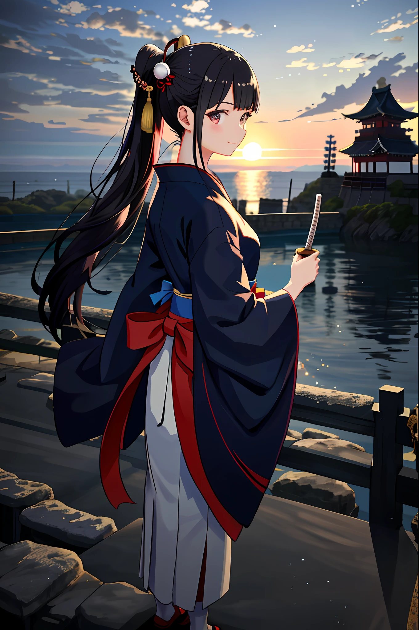 傑作, ハイレゾ, 最高品質, 1女の子ソロ, kamisato_ayaka, 笑顔, 着物、master-piece,hyper quality, hyper detailed,perfect drawing,CG,3D,8k,illustration,beautiful face girl,one beautiful girl, samurai costume, black hair, ponytail, big red ribbon, kimono, obi sword, tachi, wakizashi, double point, hakama, Japan armor, hanging eyes but cute, dignifiedCute expression, cute smile, hand on sword handle, big, round cute buttocks, looking back with a smile, butt sticking out pose, 3 sizes B90W60H95, moonlight leaking through the clouds, old castle, ruins, gradient sky