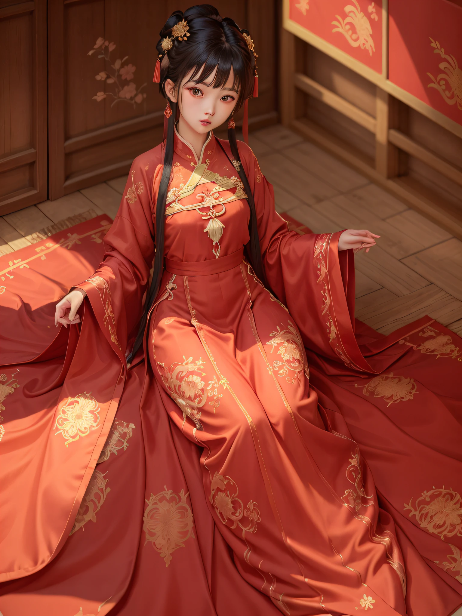 A girl wearing a (long red chinese traditional Hanfu with golden patterns,(long red silk dress:1.2)),pleats,loose clothes,large sleeve,floating clothes,