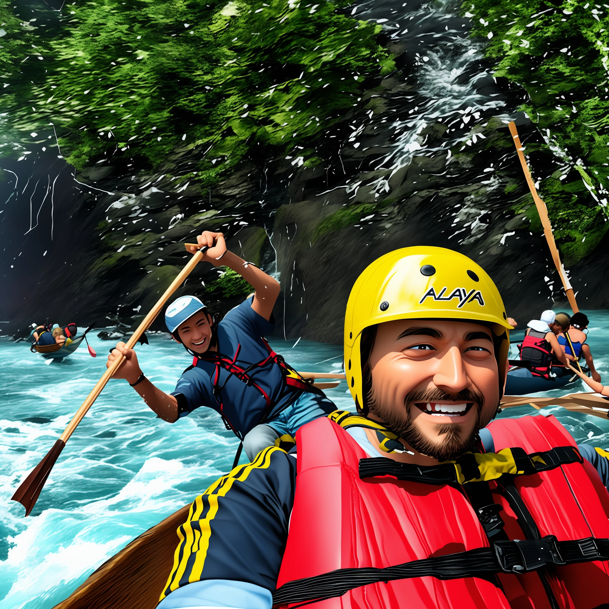 There are two people on a raft on a river with oars, whitewater rapids, with wet faces, anime, realistic animation style
