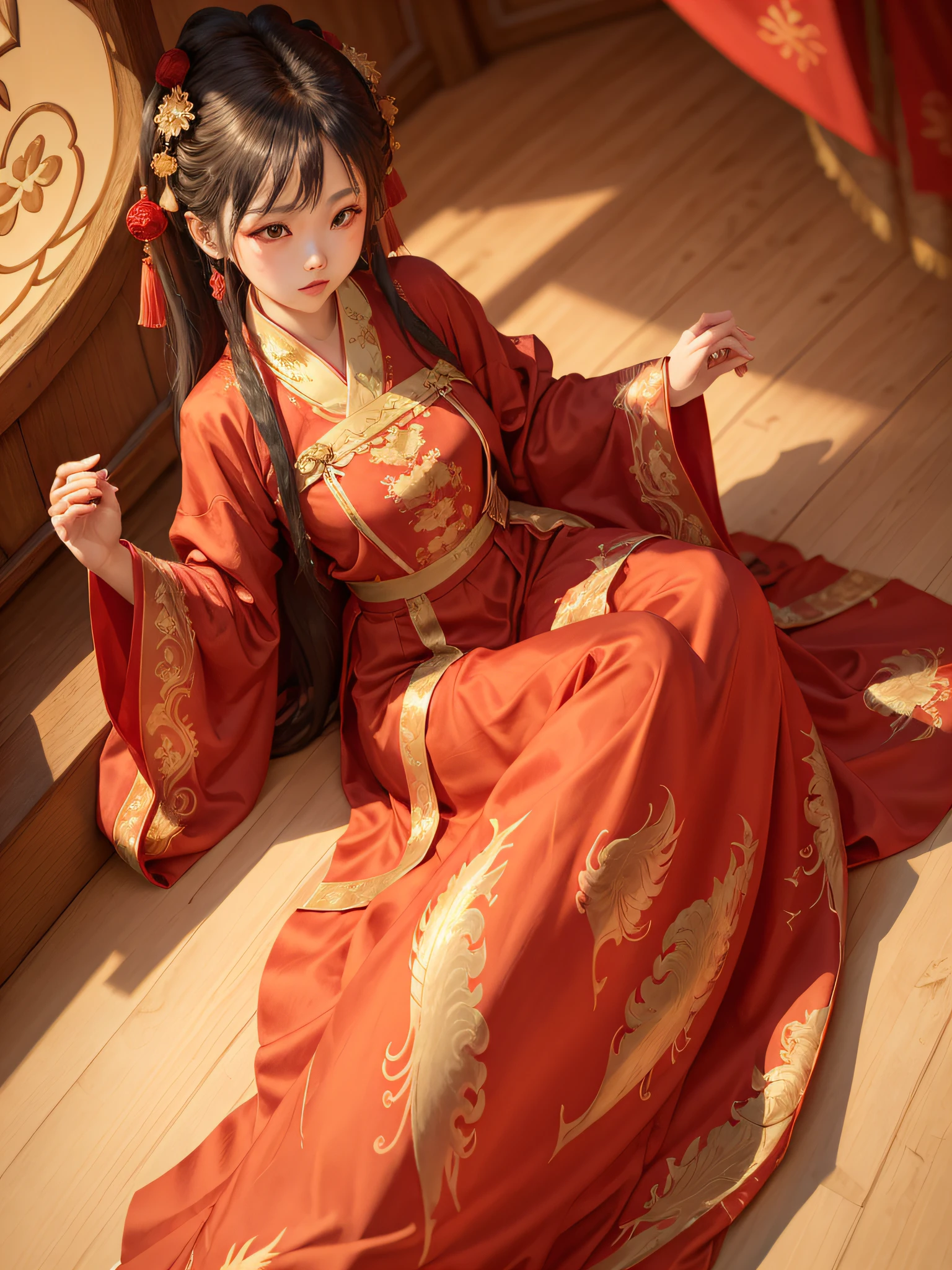 A girl wearing a (long red chinese traditional Hanfu with golden patterns,(long red silk dress:1.2)),beautiful Hanfu,pleats,loose clothes,large sleeve,floating clothes,