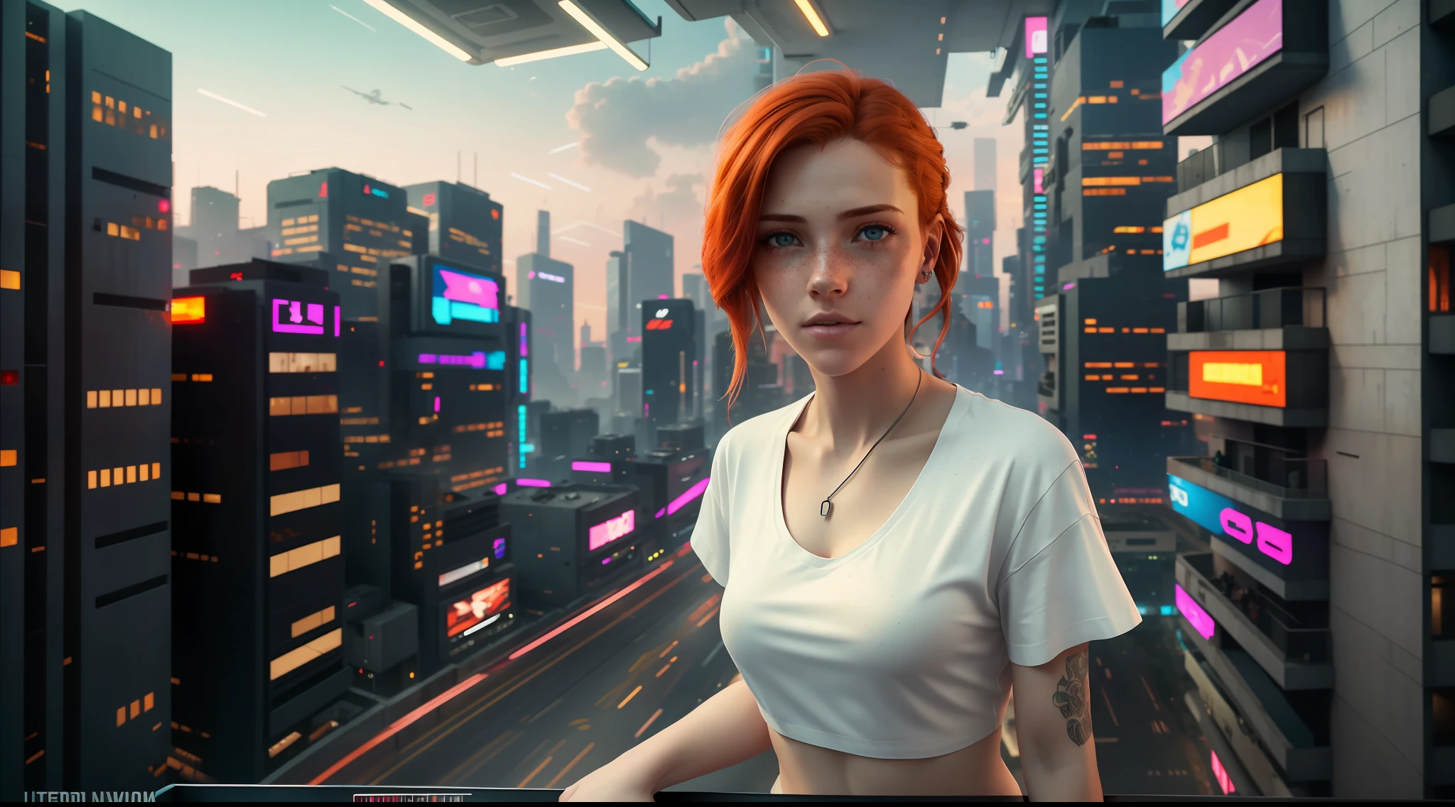 award-winning photo from waist up, portrait of a girl, redhead, freckles is sitting on a balcony, cyberpunk white shirt with V-neckline, breast visible through white T-shirt, slate atmosphere, cinematic, faded colors, dark shot, no sound colors, grainy film, insane details, intricate details, hyperdetailed, close-up, twilight, cyberpunk city background
