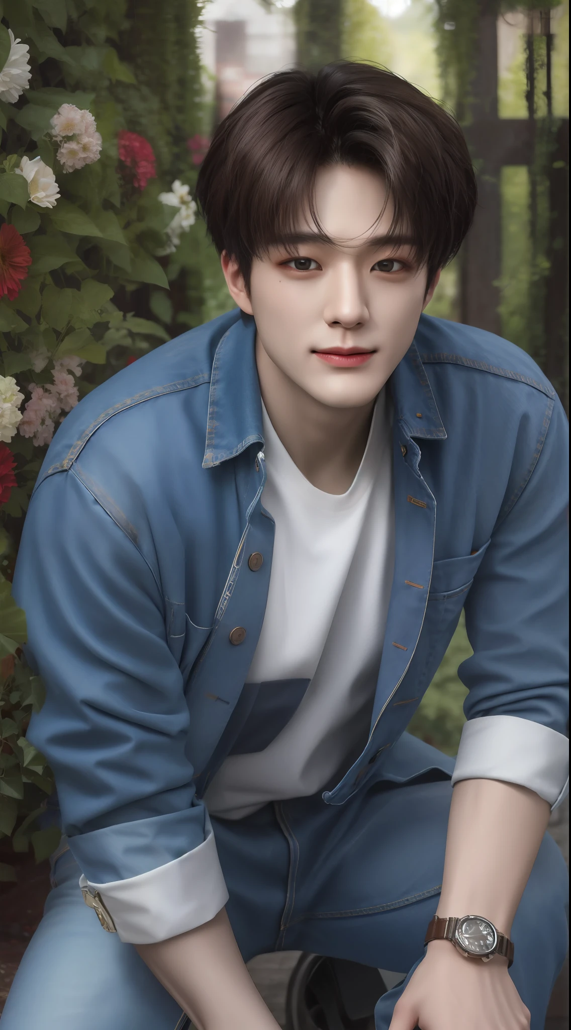 Best quality, ultra high resolution, ultra-detailed, style-empire, realistic, cinematic. A handsome korean man, thick eyebrows, gazing eyes, brown skin, shiny skin, black hair. He is wearing a denim jacket, white shirt inside, and denim jeans. He is at the garden, with lots of flowers. Half portrait, medium length close-up shot. He is smiling with teeth.