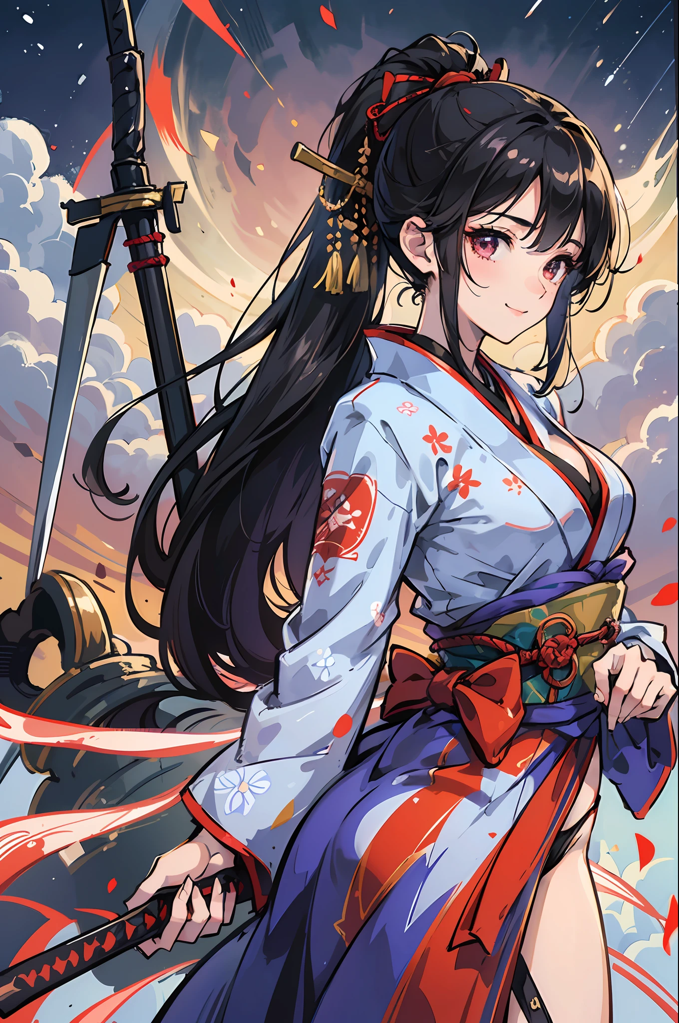 master-piece,hyper quality, hyper detailed,perfect drawing,CG,3D,8k,illustration,beautiful face girl,one beautiful girl, samurai costume, black hair, ponytail, big red ribbon, kimono, obi sword, tachi, wakizashi, double point, hakama, Japan armor, hanging eyes but cute, dignifiedCute expression, cute smile, hand on sword handle, round cute buttocks, looking back with a smile, butt sticking out pose, 3 sizes B90W60H95, moonlight leaking through the clouds, old castle, ruins, gradient sky,Beautiful girl in a loincloth Japanese outfit Lower body bare Rich breasts Back appearance Cute Well-formed face Loli big Buttocks Looking back with a cute smile Three sizes B95W60H90 master-piece,hyper quality, hyper detailed,perfect drawing,CG,3D,8k,illustration --auto --s2