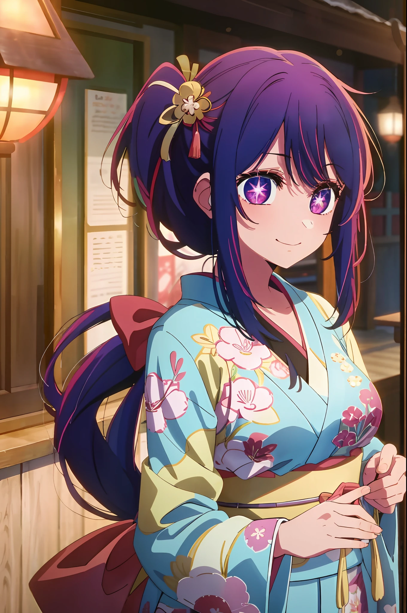 best quality, masterpiece, 2d, masterpiece, best quality, anime, highly detailed, cowboy shot, 1girl, solo, looking at viewer, smile, bangs, Star symbol-shaped pupils, heart-shaped pupils, medium breast, purple hair, purple eyes,purple Star symbol-shaped pupils, heart-shaped pupils,happy new year card with a girl in a kimono, happy!!!, anime cover, seasons!! : 🌸 ☀ 🍂 ❄, 2 0 2 2 anime style, 2022 anime style, けもの, anime visual of a cute girl, inspired by Eizan Kikukawa, haruno sakura, hanayamata, in style of kyoto animation,close up