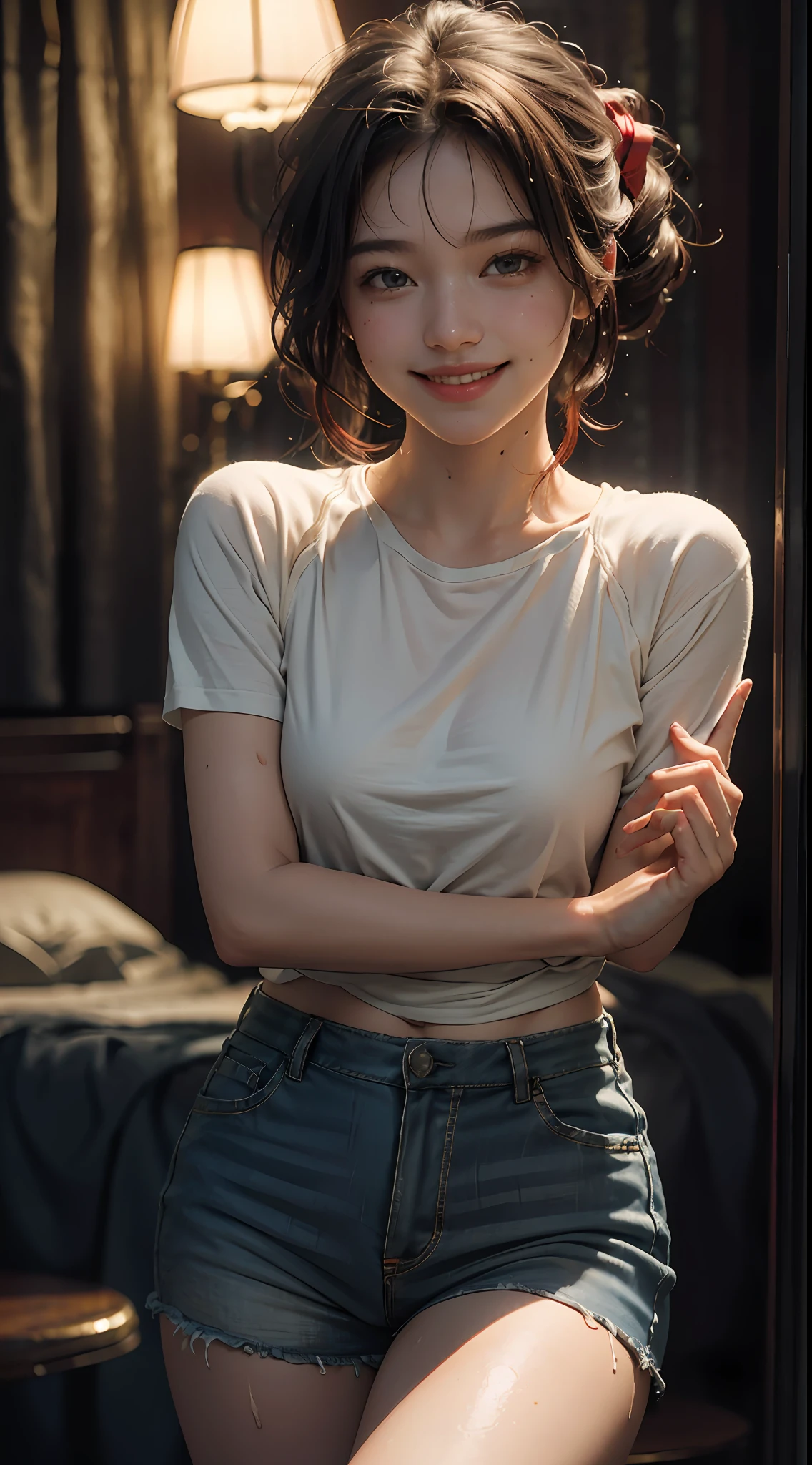 Top quality, masterpiece, ultra high definition, (Reality: 1.4), Original photo, 1Girl, cinematic lighting, smile, bright, photo-like, sweaty, face red, pose to take photo