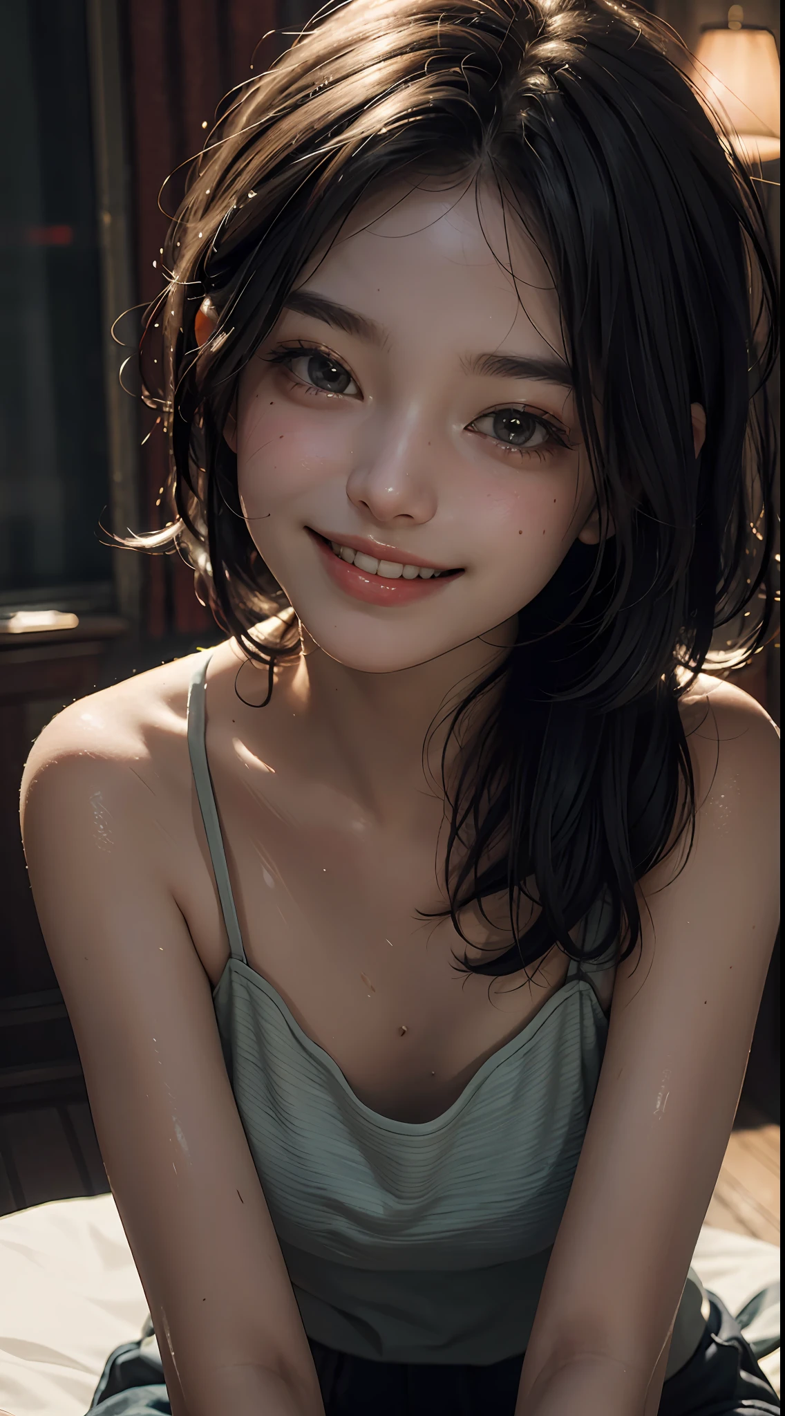 Top quality, masterpiece, ultra high definition, (Reality: 1.4), Original photo, 1Girl, cinematic lighting, smile, bright, photo-like, sweaty, face red, pose to take photo