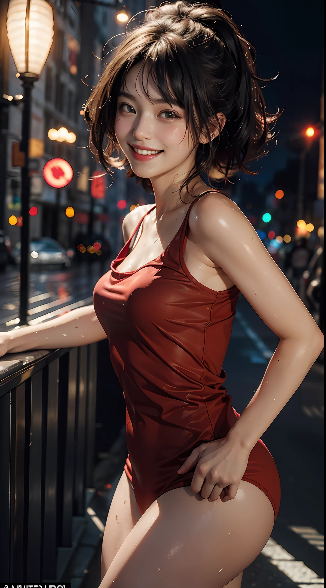 Top quality, masterpiece, ultra high definition, (Reality: 1.4), Original photo, 1Girl, cinematic lighting, smile, bright, photo-like, sweaty, face red, pose to take photo