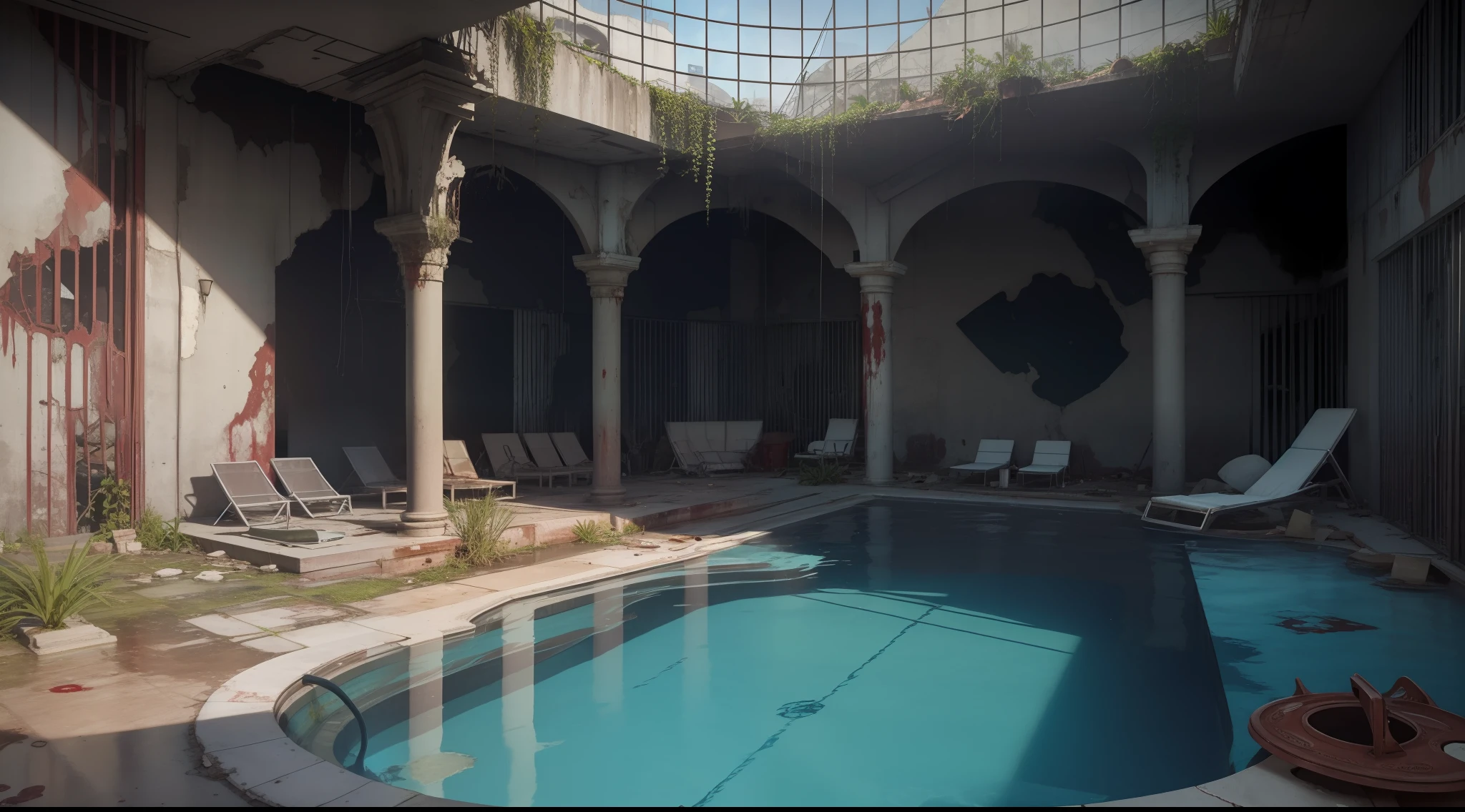 A close-up of a dirty pool with broken sun lounger, a pool inside an abandoned and dirty building, plants growing on the walls and floor, ruined architecture, dust, spider web, organic architecture in ruins, pool of nightmares, beautiful 3D rendering, beautiful 3D rendering, ruined house, ruined city background, blood splatterer on the walls