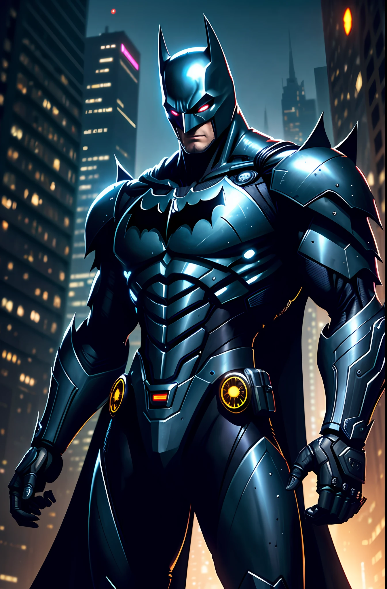 Dark_Fantasy,Cyberpunk,(batman begins: 1.1),1man,mechanical batman,robotic presence,Cybernetic guardian, wearing a worn mechanical suit, intricate, (steel metal [rusty]), elegant, clear focus, shot by greg rutkowski, soft lighting, vibrant colors, masterpiece, ((street)), cowboy shot, dynamic pose,