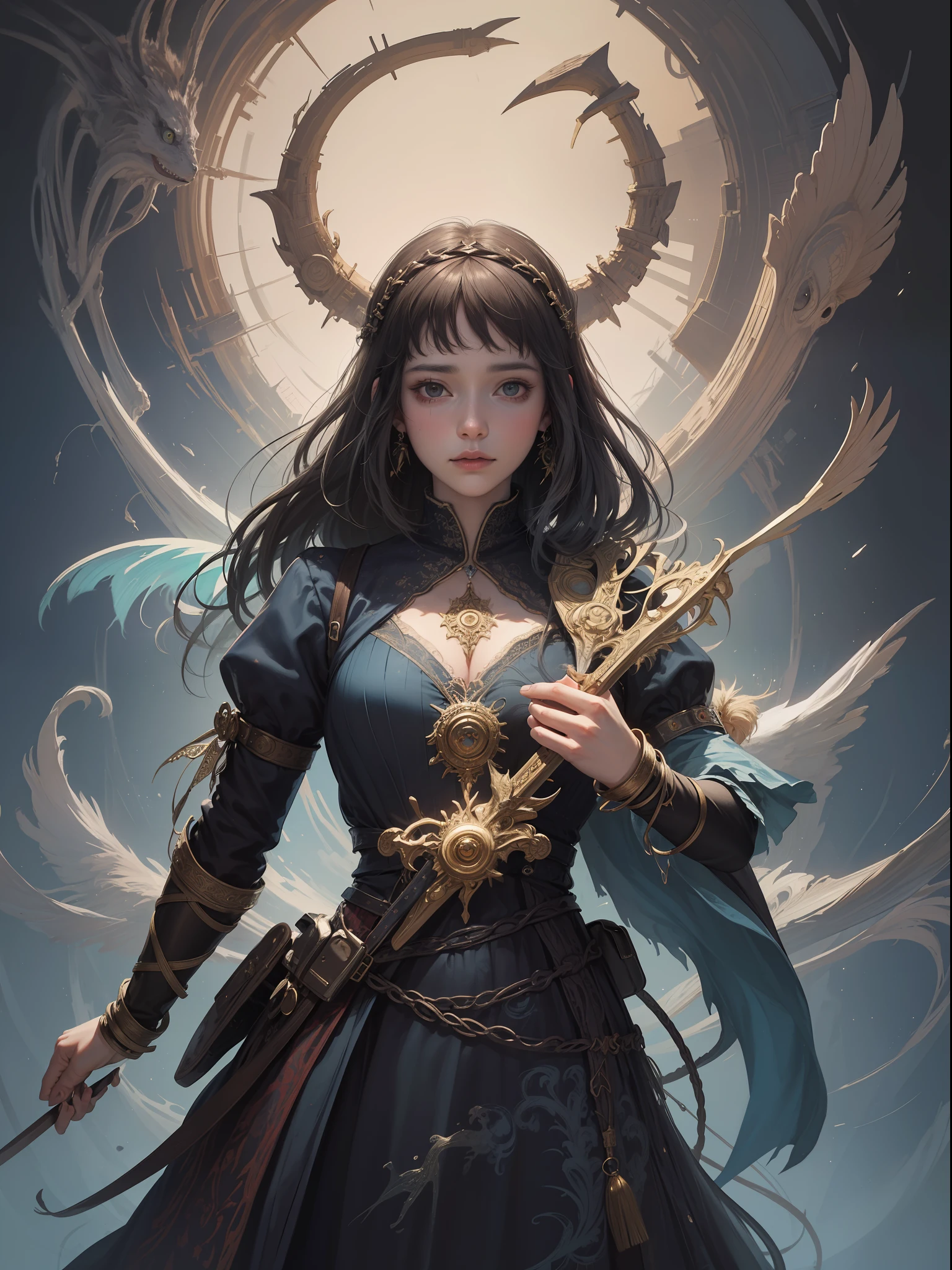Official Art, Concept Art, Unity 8k Wallpaper, Super Detailed, Beautiful Aesthetic, Masterpiece, Top Quality, (Zentangle, Mandala, Tangled, Tangled), (Fractal Art: 1.3), One Girl, Highly Detailed, Dynamic Angle, Cowboy Shot, Most Beautiful Form Chaos, Elegant, Brutalist Design, Vibrant Colors, Huge Magic, Wizard, Aristocratic Costume, upper body, romanticism, James Jean, Robbie Dowi Antono, Los Tran, Francis Bacon, Michal Muratz, Adrian Guyney, Petra Cortwright, Gerhard Richter, Takato Yamamoto, Ashley Wood, atmosphere, ecstasy notes, streaming notes are displayed