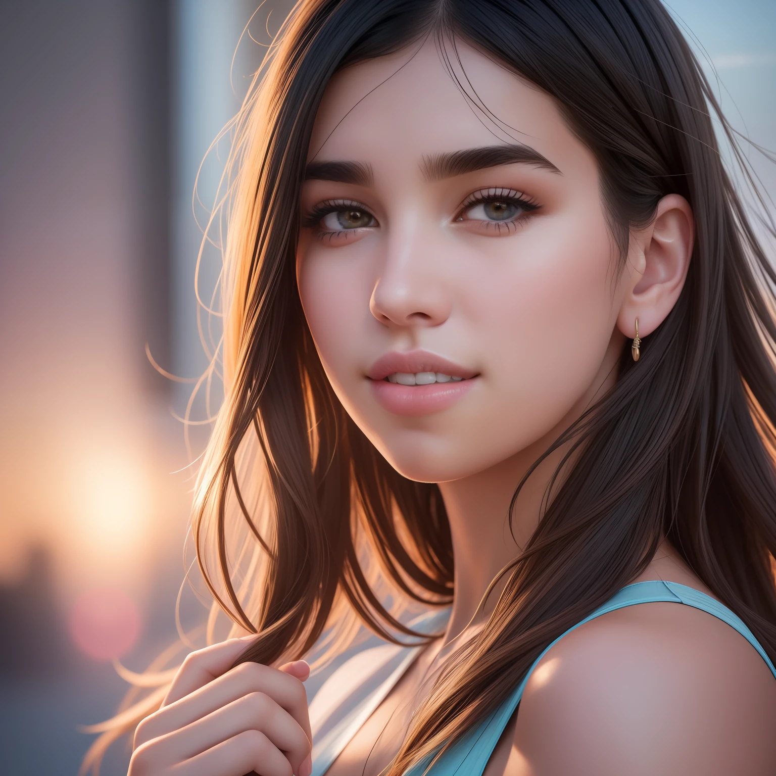 Dua Lipa, photographed in front of a wall with a pastel-colored gradient, dress, smiling expressions, realistic portraits, Raw simulation style, makes him the focal point of the image. Pay attention to details such as highlights and shadows on the face and hair to create a realistic and realistic image. Try different lighting techniques to enhance the mood and atmosphere of your portrait. ((High Detail Skin, Skin Detail)), Clear Focus, Volumetric Fog, 8K Ultra HD, SLR, High Quality, Film Granules, Fujifilm XT3