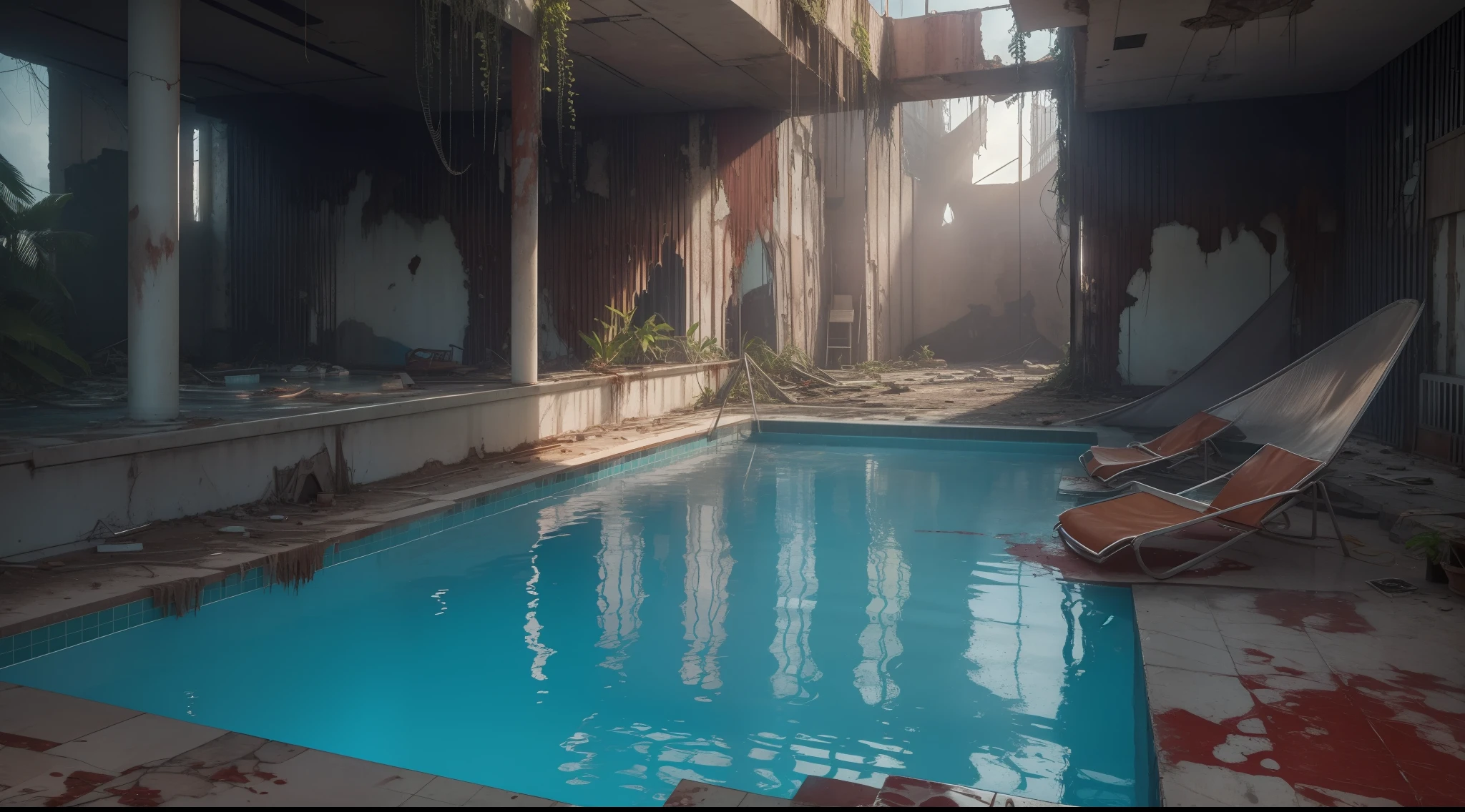 A close-up of a dirty pool with broken sun lounger, a pool inside an abandoned and dirty building, plants growing on the walls and floor, ruined architecture, dust, spider web, organic architecture in ruins, pool of nightmares, beautiful 3D rendering, beautiful 3D rendering, ruined house, ruined city background, blood splatterer on the walls