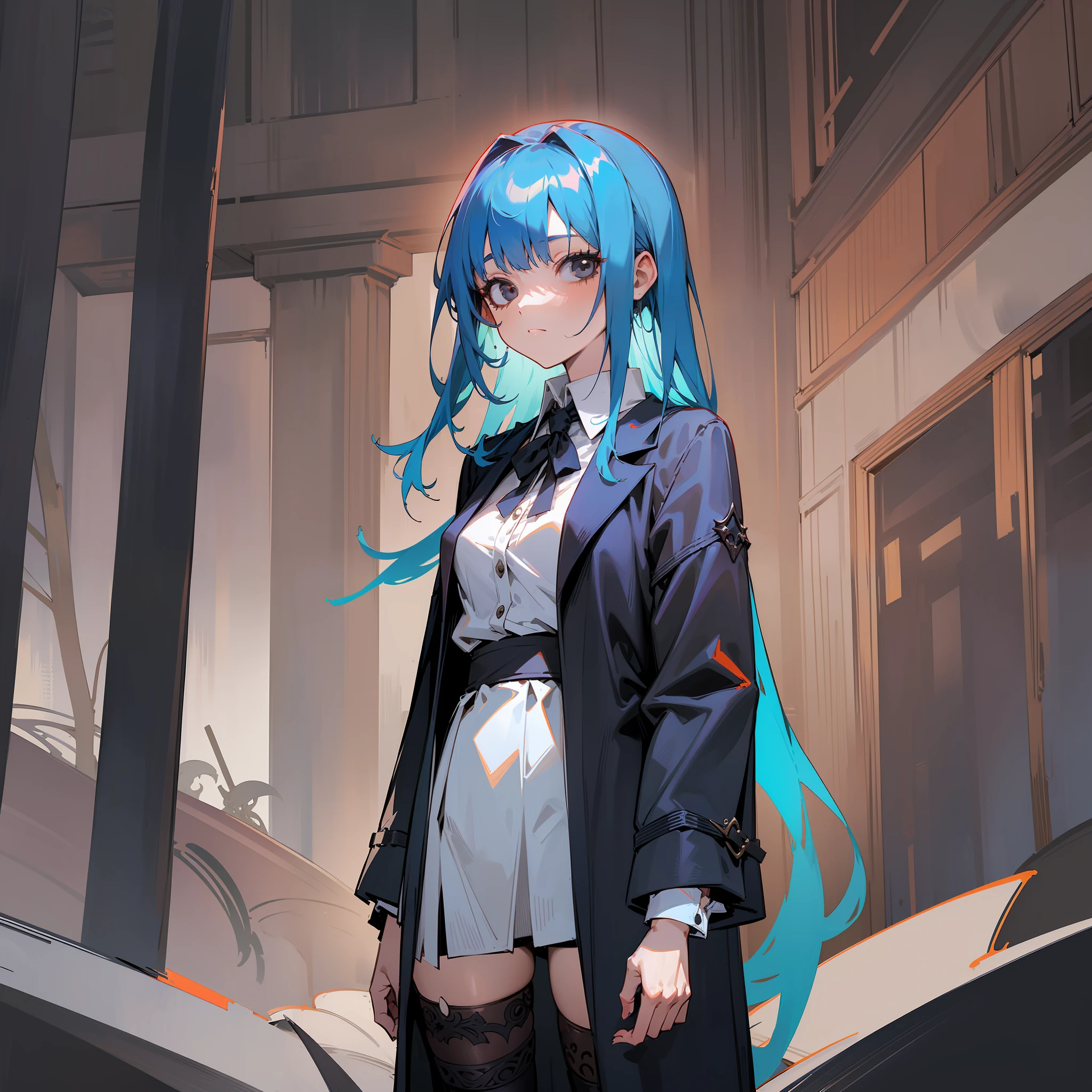 Makima \(Chainsaw Man\), best quality, ultra detailed, 1girl, solo, standing, blue hair, long hair stuck, bangs, small breasts, short stature, masterpiece, yandere, overcoat, upper body, good anatomy, (masterpiece), black eyes, legwear, dark clothes, gothic, looking at the viewer, gothic clothes, rock clothes