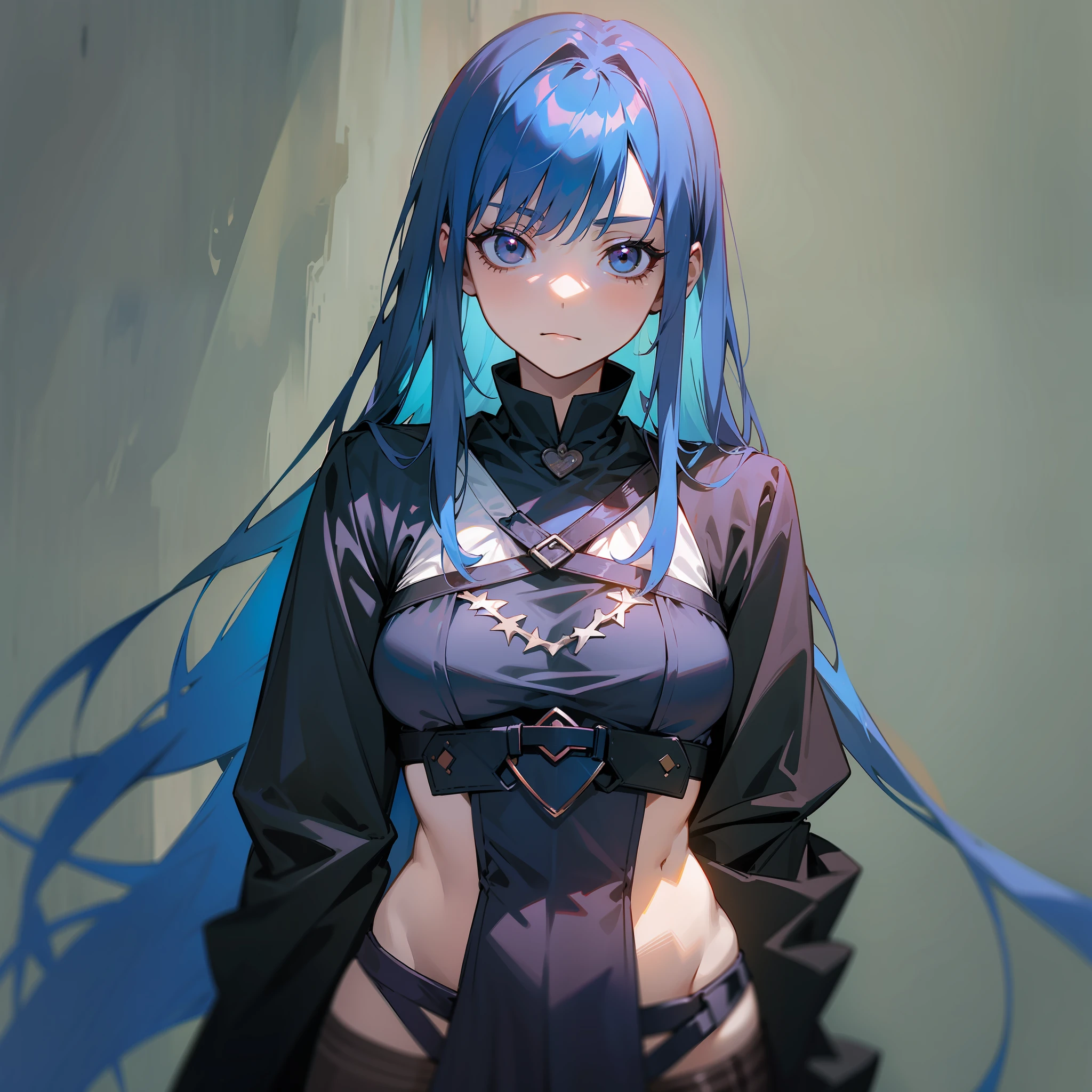 Makima \(Chainsaw Man\), best quality, ultra detailed, 1girl, solo, standing, blue hair, long hair stuck, bangs, small breasts, short stature, masterpiece, yandere, overcoat, upper body, good anatomy, (masterpiece), black eyes, legwear, dark clothes, gothic, looking at the viewer, gothic clothes, rock clothes