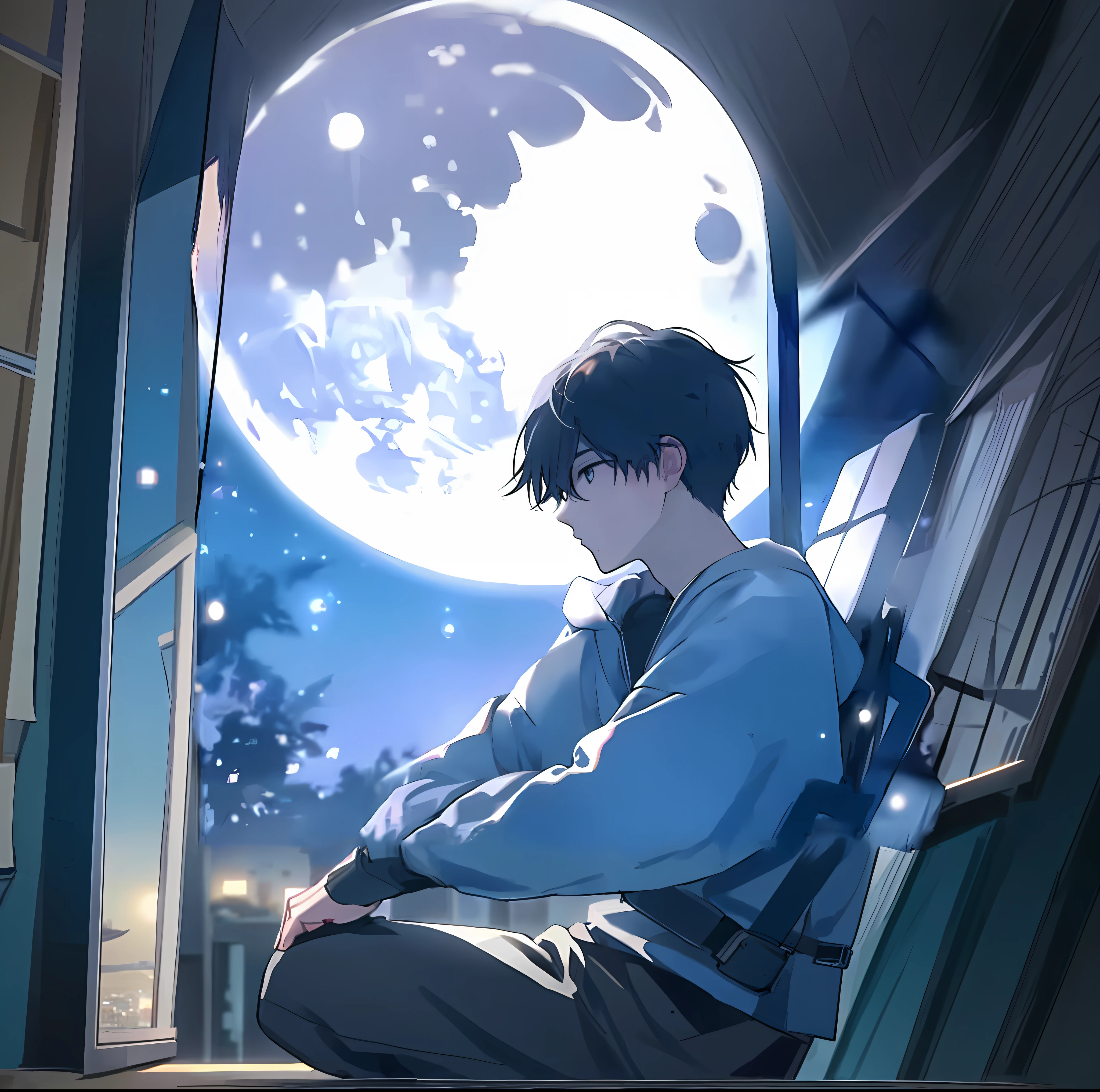 anime boy sitting on a bench looking out a window at the moon, moon behind him, handsome anime pose, anime boy, anime wallaper, high quality anime artstyle, guweiz, anime handsome man, young anime man, handsome guy in demon slayer art, inspired by Bian Shoumin, smooth anime cg art, makoto shinkai art style, male anime style