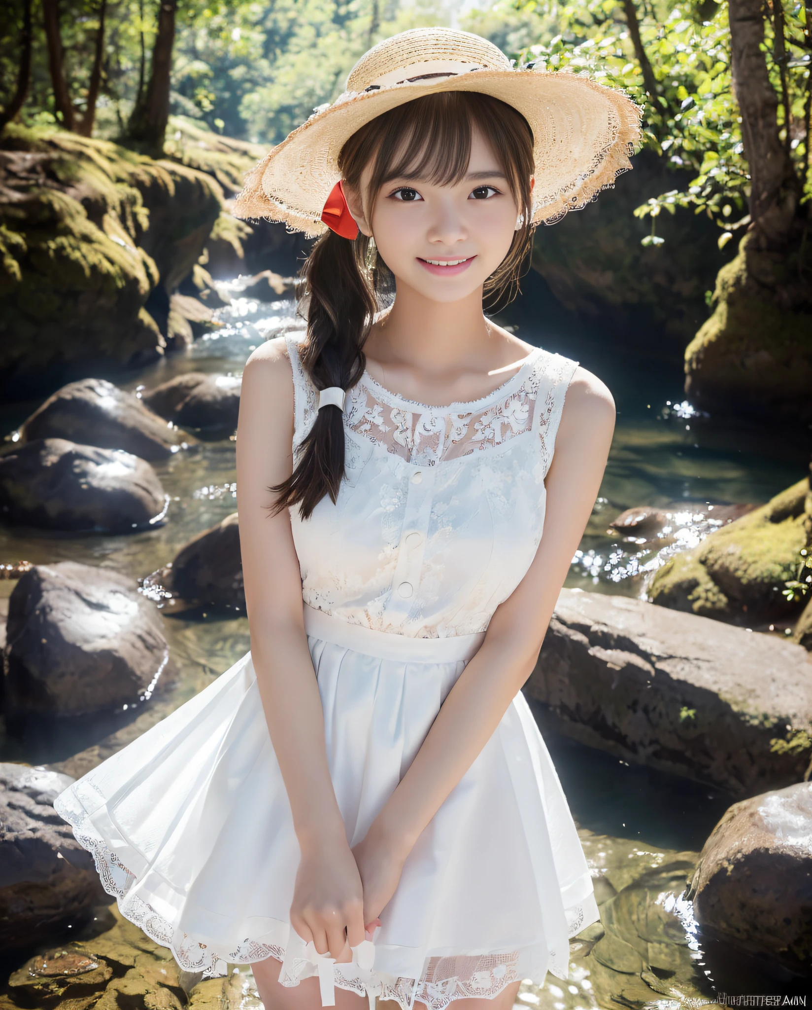 (((1 person))),((Composition looking up from below))),(Folded hands))((Photorealistic)))))), (((AKB 48)), (Full body photo))), (Lens flare)))),(Backlight)), ((In the woods))((Clear stream deep in the dark mountains)),((Rocks in the background)),((Straw hat with ribbon)),((Smiling)), ((NIKON Z))), ((((19 years old)))),((Small bust))))), ((White skirt lace dress))))), (Pore feeling))))), (skin feeling)))), (((Photorealism: 6, realistic)))), (sideways and turning pose)),Perfect breast shape, bare buttocks, side ponytail, ribbon, hair ornament, pale skin, looking at the viewer, small waist