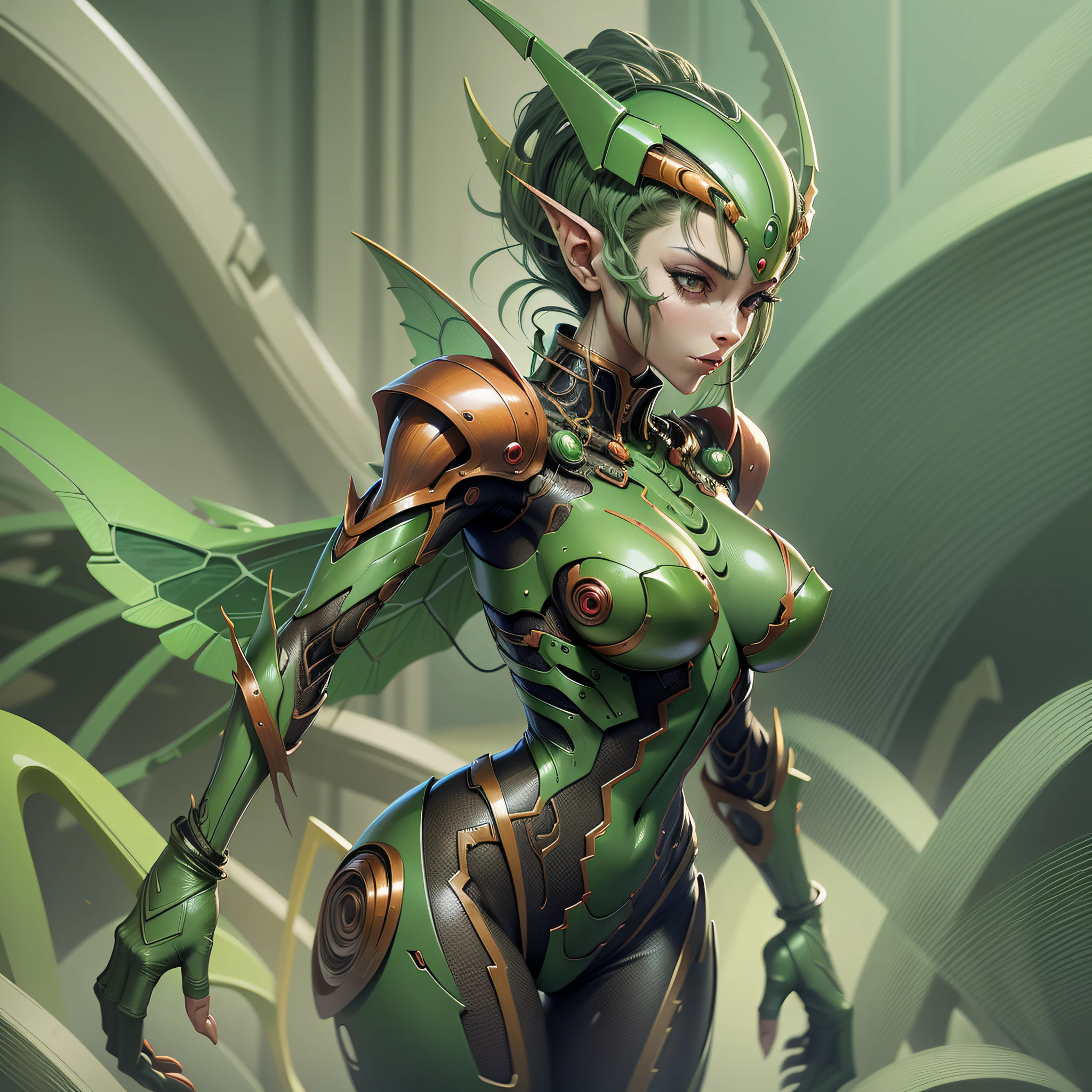 Cartoon photo of woman in green and red costume, hot insect humanoid woman, Guyver style, SFW version, scaraber reploid, cel shade adult animation, alien queen, serpentine pose, --auto --s2