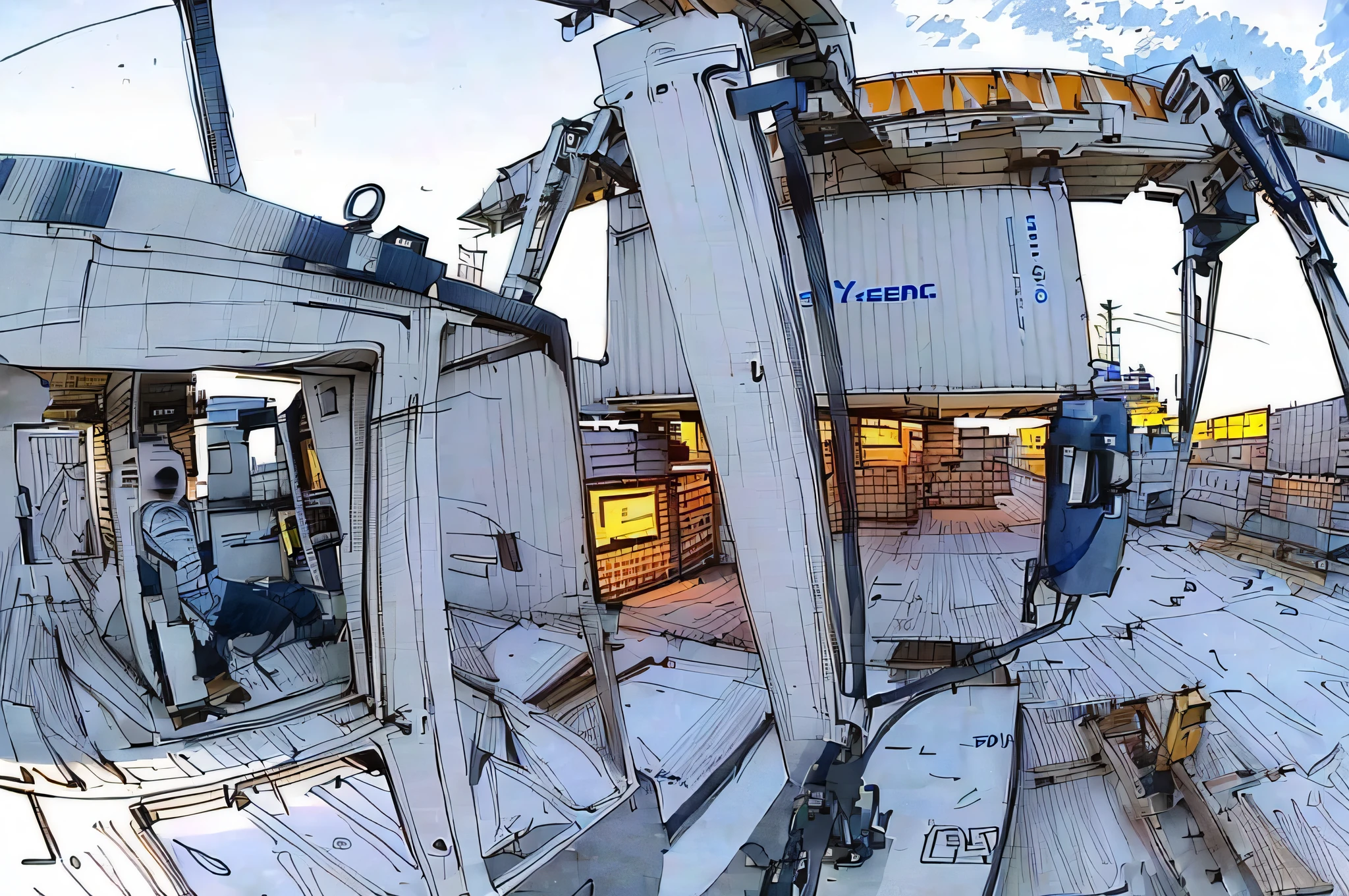 linear, gray, white background, simple background,sketch, sketch,pen_sketch_style,Arafed view of a person driving a tractor on a container yard, crane frame sitting in a crane, 4 0 9 6, 3 4 5 3 1, POV photo, looking towards the camera, looking directly at the camera, shipping containers, shot with GoPro9, video footage, looking directly at the camera, Wide installation shot, looking into the camera, high quality download