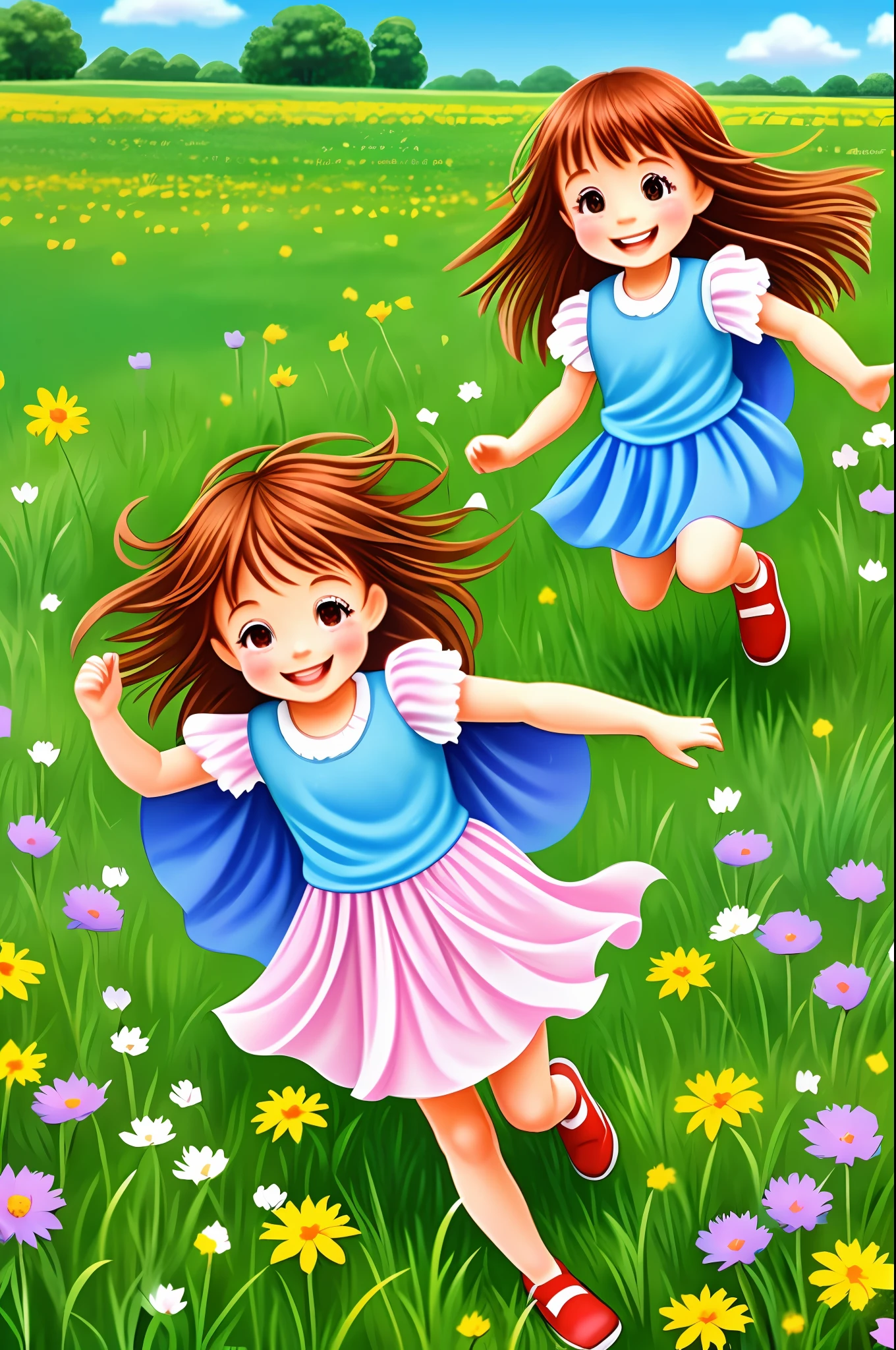 A beautiful little girl holding flowers and smiling running in a field, wind, leaves flying, happiness, sun, blue sky, cartoon