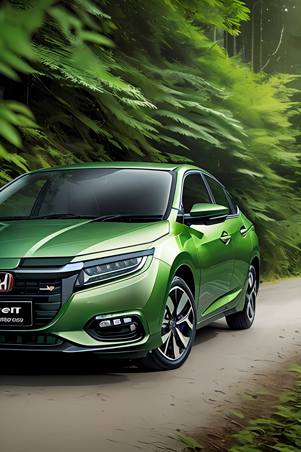 (ru)
(masterpiece), the best quality, ultra-detailed detail, in the deep shadow of the green forest stands (Honda Insight) with a glossy acrylic coating, a metallic sheen perfectly visible from behind, three-dimensional red reversing lights sparkle like sapphires in the forest gloom, and headlights illuminate the road ahead.