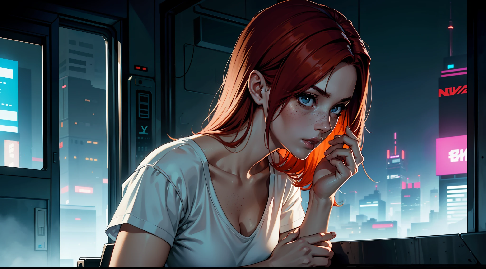 award-winning photo from waist up, portrait of a girl, redhead, freckles is sitting on a balcony, cyberpunk white shirt with V-neckline, breast visible through white T-shirt, slate atmosphere, cinematic, faded colors, dark shot, no sound colors, grainy film, insane details, intricate details, hyperdetailed, close-up, twilight, cyberpunk city background