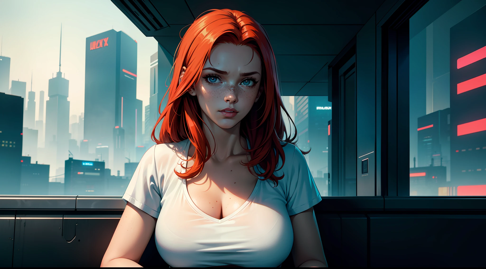 award-winning photo from waist up, portrait of a girl, redhead, freckles is sitting on a balcony, cyberpunk white shirt with V-neckline, breast visible through white T-shirt, slate atmosphere, cinematic, faded colors, dark shot, no sound colors, grainy film, insane details, intricate details, hyperdetailed, close-up, twilight, cyberpunk city background
